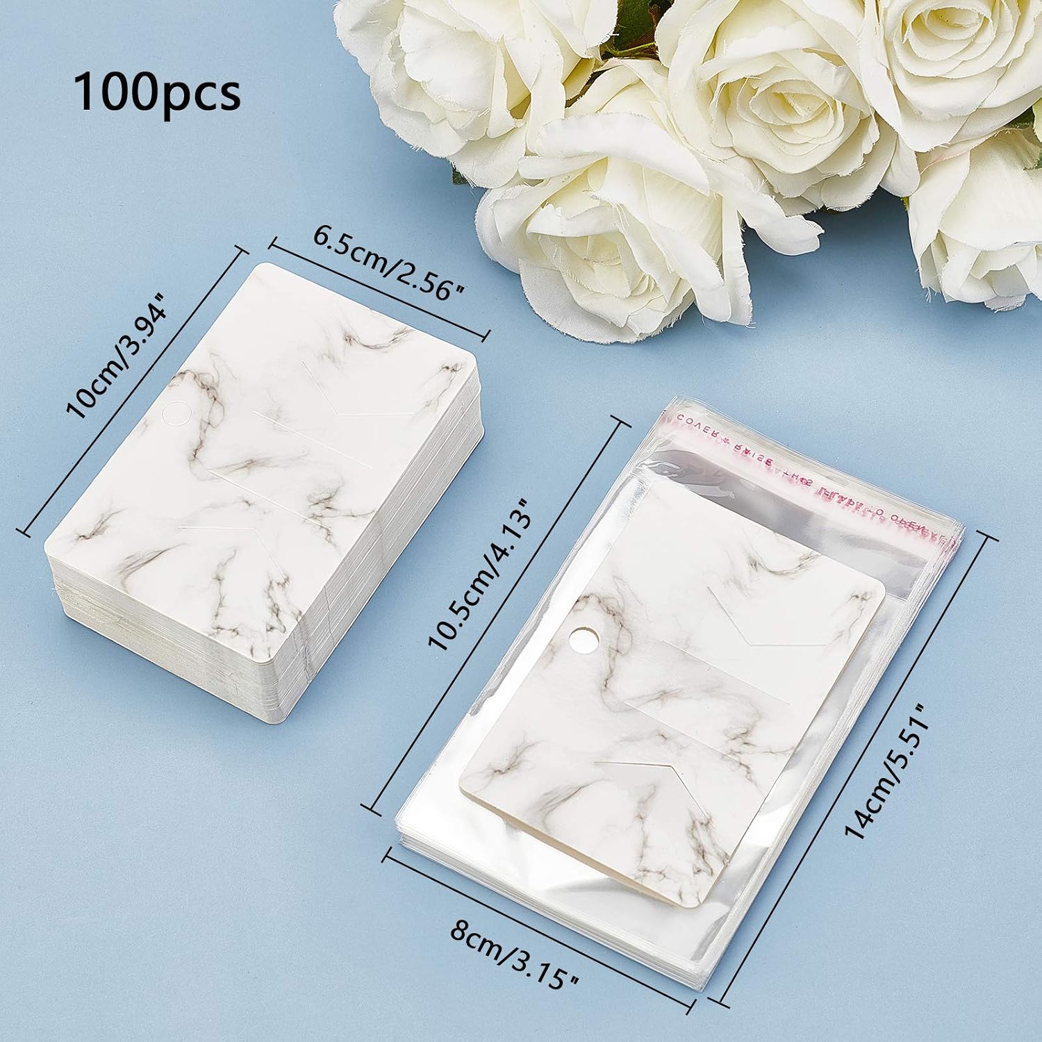 PH PandaHall 100pcs Hair Bow Holder, Marble Pattern Hair Clip Display Cards 3.9x2.5” Rectangular Cardboard Hair Clip Hanger with 100pcs OPP Bags for Jewelry Hair Accessory Selling Small Business image 4