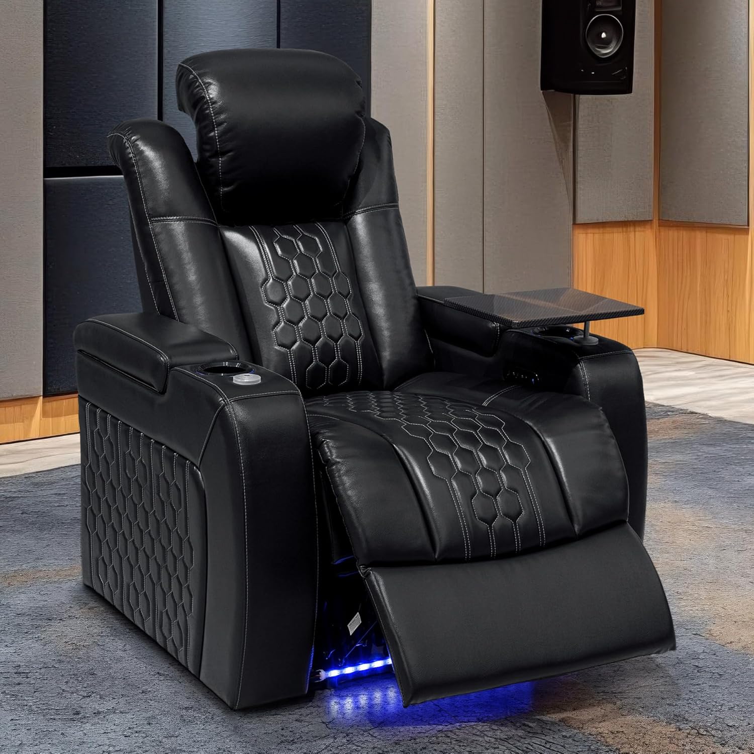 Home Theater Seating,Top-Grain Leather Recliner Sofa, Zero Gravity Power Reclining Couch with Ambient LED Lights, Cup Holders & USB, Tray Table-Single Black