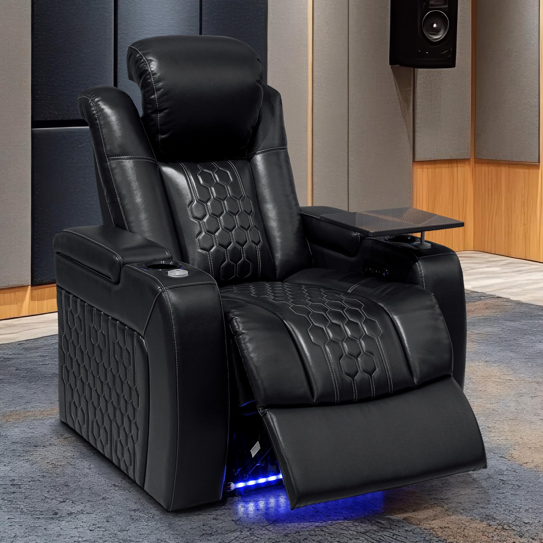 NMXUXMN Home Theater Seating,Top-Grain Leather Recliner Sofa, Zero Gravity Power Reclining Couch with Ambient LED Lights, Cup Holders & USB, Tray