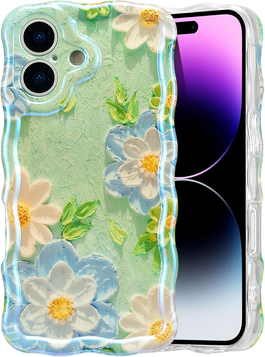 EYZUTAK Case for iPhone 17, Colorful Retro Oil Painting Flower Laser Glossy Pattern Cute Curly Wave Edge Exquisite Phone Cover Stylish Durable TPU Protective Case for Girl Women - Blue White