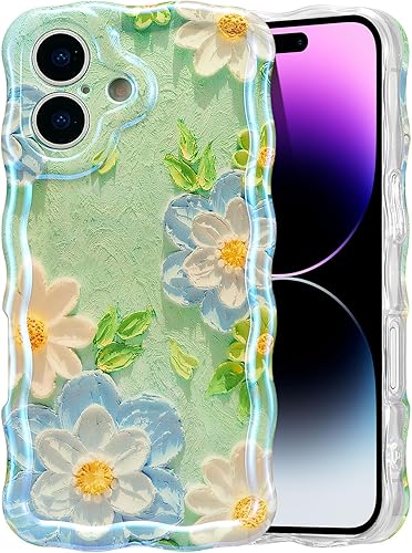Miniatura 75 de EYZUTAK - Funda protectora de TPU para iPhone 12 Pro, estilo retro colorido, diseño láser brillante de pintura al óleo, estampado floral, borde Azul