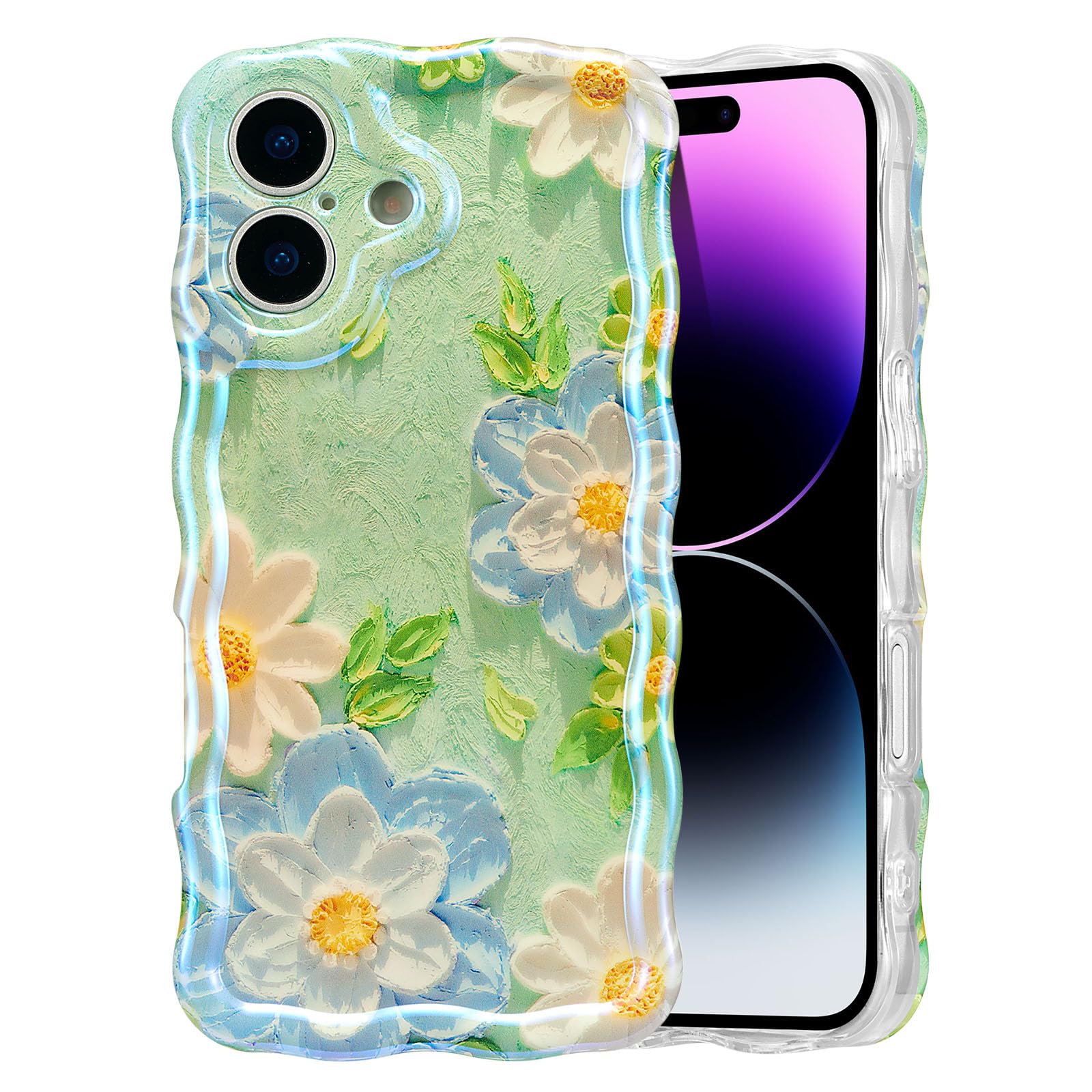 EYZUTAK Case for iPhone 15, Colorful Retro Oil Painting Flower Laser Beam Glossy Pattern Cute Curly Waves Border Exquisite Phone Cover Stylish Durable Soft TPU Protective Case for Girls Women - Green — view 69