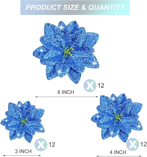 Miniatura 2 de 36 flores de Pascua con purpurina de Navidad, flores de imitación para árbol de Navidad, Año Nuevo, adornos (azul)