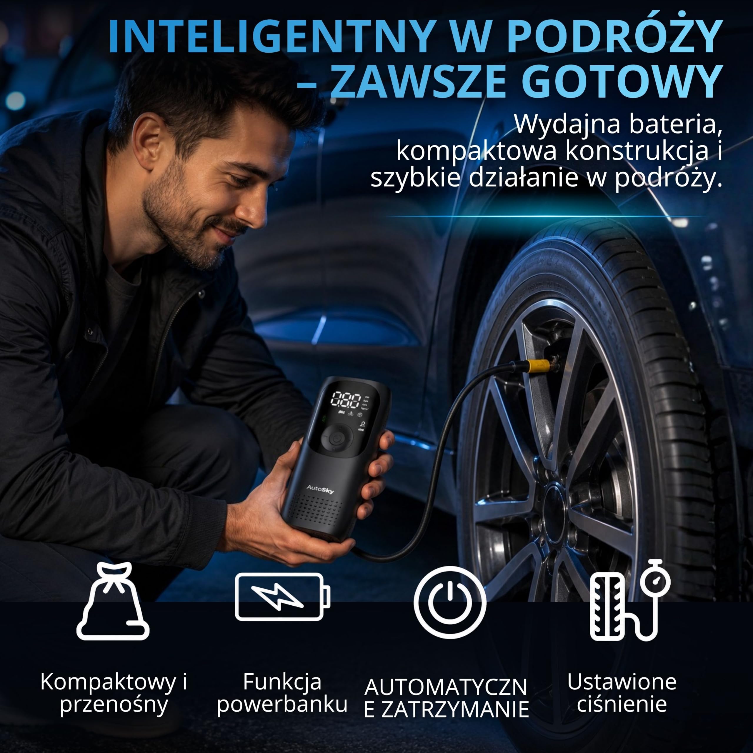 AutoSky Przenośna pompka do opon i sprężarka powietrza – elektryczna pompka powietrza do samochodu, motocykla, roweru i piłek, z powerbankiem i latarką LED, kompaktowa i mobilna