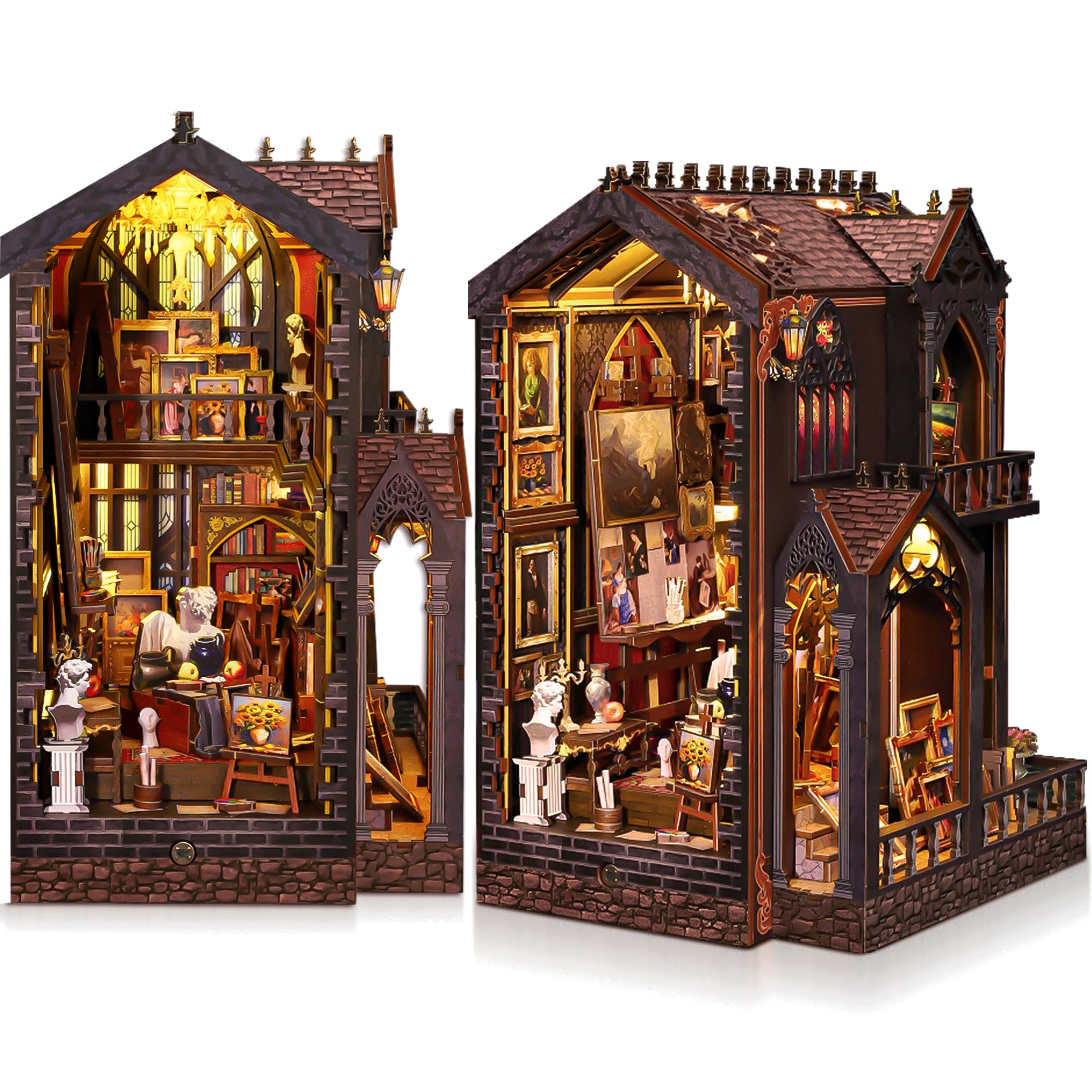 CRIOLPO Book Nook Kit - DIY Miniature Doll House Kit 3D Wooden Doll House Kit with LED Light Bookshelf Decor Collectors Gifts for Adults Teens Book Lovers - Wondrous Studio