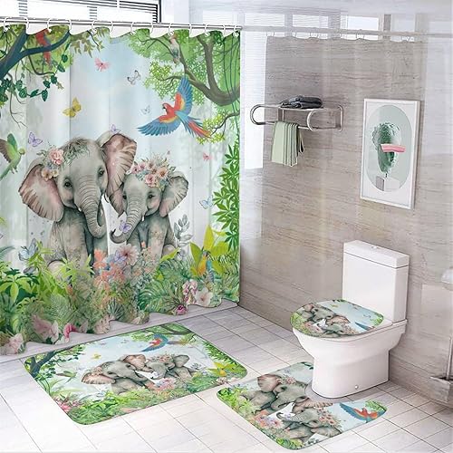 Juego de 4 cortinas de ducha con diseño de elefante de acuarela vintage, alfombra antideslizante para tapa de inodoro y cortina de baño