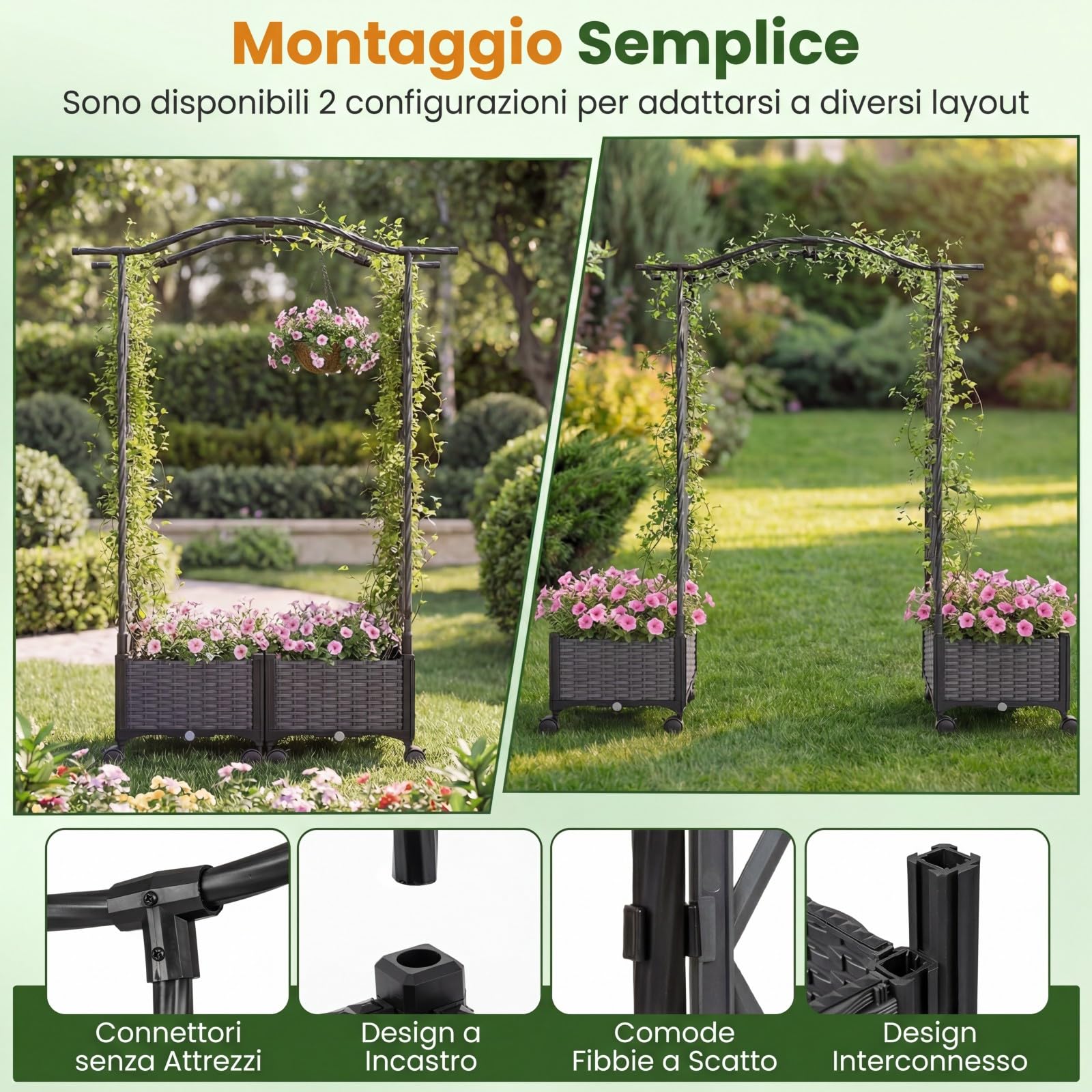 COSTWAY Fioriera Rialzata con Graticcio e Tetto, Irrigazione Automatica e Ruote Bloccatili, Letto da Giardino Rialzato in Rattan Impermeabile per Piante Rampicanti, Fiori ed Erbe (Grigio)