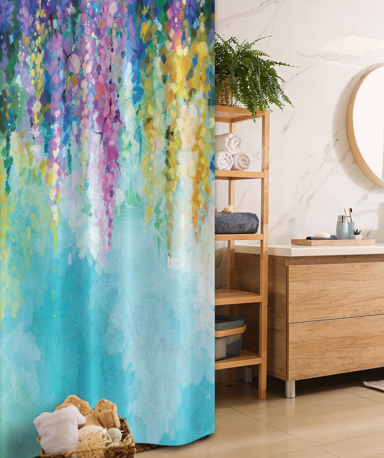 Ambesonne Flower Stall Shower Curtain, Abstract Ivy Romantic and Landscape Spring Floral Art Nature Theme, Fabric Bathroom Decor Set with Hooks, 36" W x 72" L, Sea Blue Sky Blue Off White