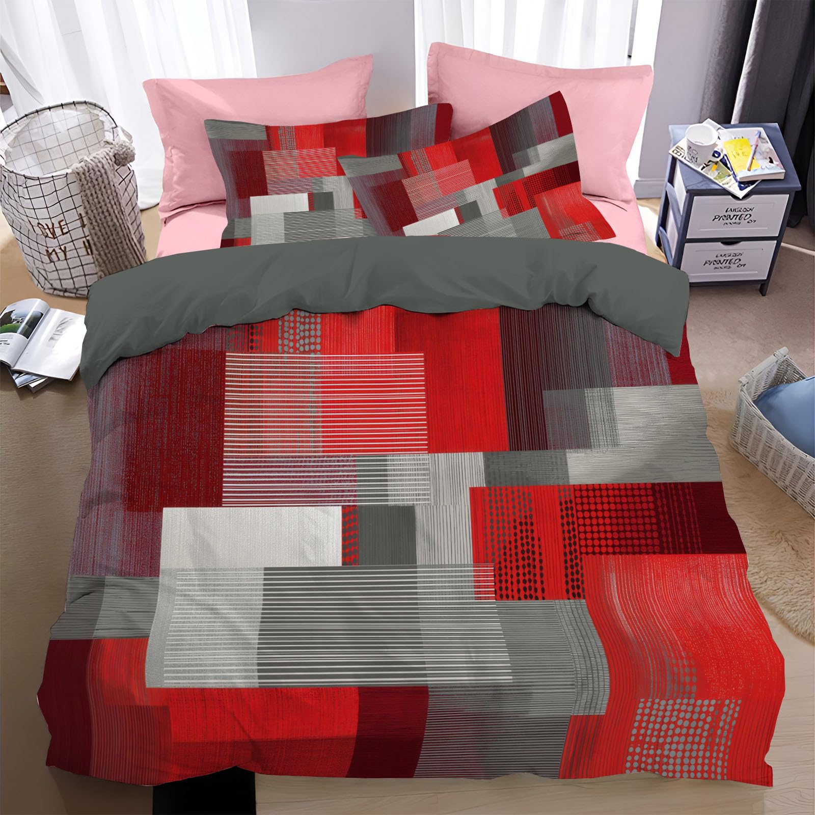 Housse de couette 200x200cm microfibre douce à motifs blocs géométriques colorés