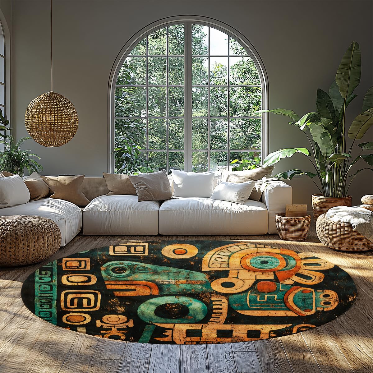 Tapis circulaire lavable à poils ras 140cm vintage or et vert anti-poussière
