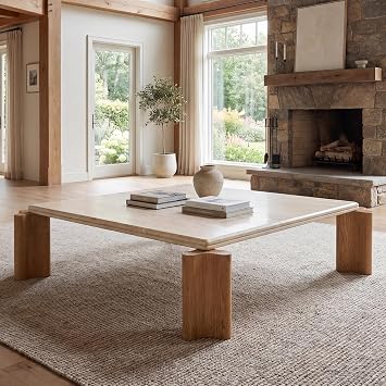Hyfirm Large Faux Travertine Coffee Table, 47" with Curved Wood Legs