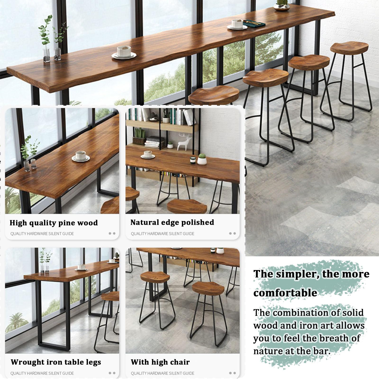 Tavolo da bar alto e stretto, in legno massello, per corridoio e finestra, tavolo lungo da bancone, slish & design, sedie non incluse