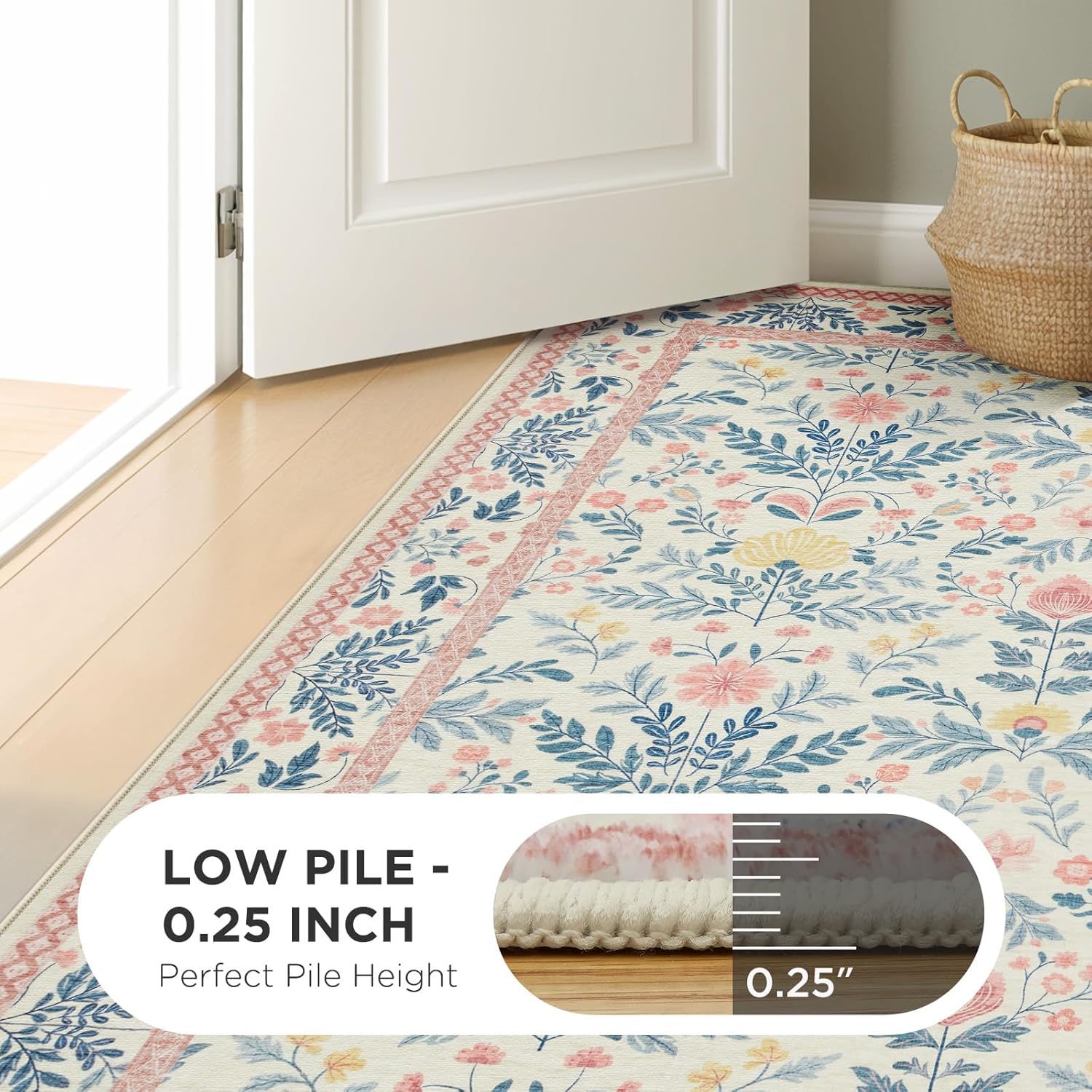 Joydeco Floral Light Pink Rugs for Bedroom Girls Kids Playroom, Boho Washable Large 8 x 10 Area Rug for Living Room Nursery, Non Slip Soft Indoor Floor Carpet for Dorm Classroom