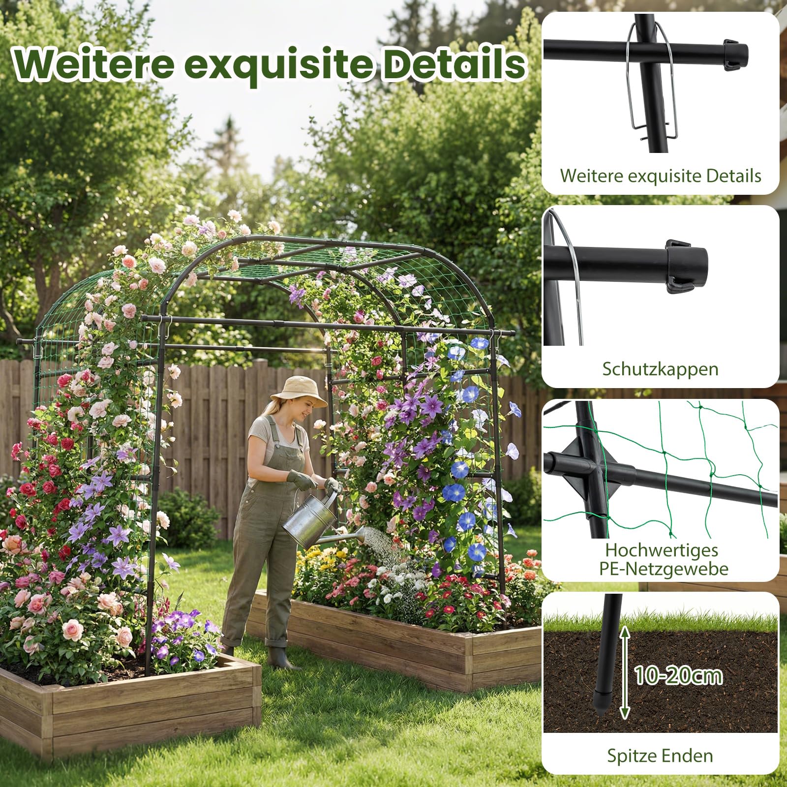 GOPLUS Rankgitter für Kletterpflanzen, 230cm hoch, Gartenbogen Metall mit verstellbare Breite, U-förmige Rankhilfe mit Netz & PE-beschichtet, Rosenbogen Pflanzengitter für Gurken, Blumen & Weinreben