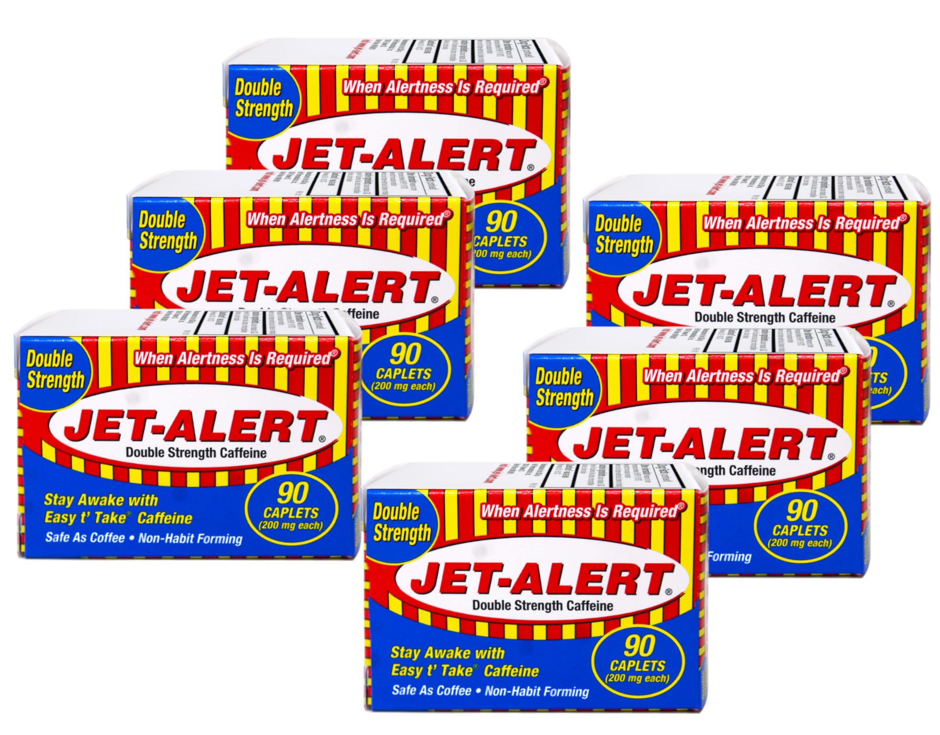 Jet Alert Double Strength Alertness Aid Caplets, 200mg-90 Ct Value Packs (6)