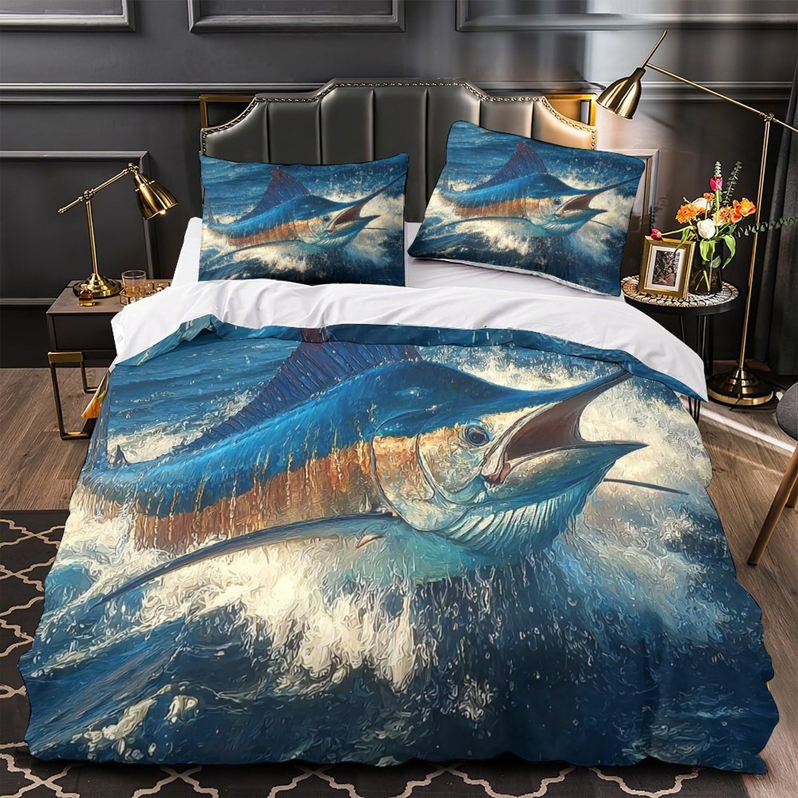 Yvaspqrtw Xzge8lfxtz6r Marlin Leaping Ocean 3D Printing Duvet Insert Cover 3Pc Ultra-Soft Microfibre Light Dynamic Marine Wildlife Quilt Cover 2 Pillowcases Concealed Zipper Bed Linen Teens Bedroom Double（200X200cm）