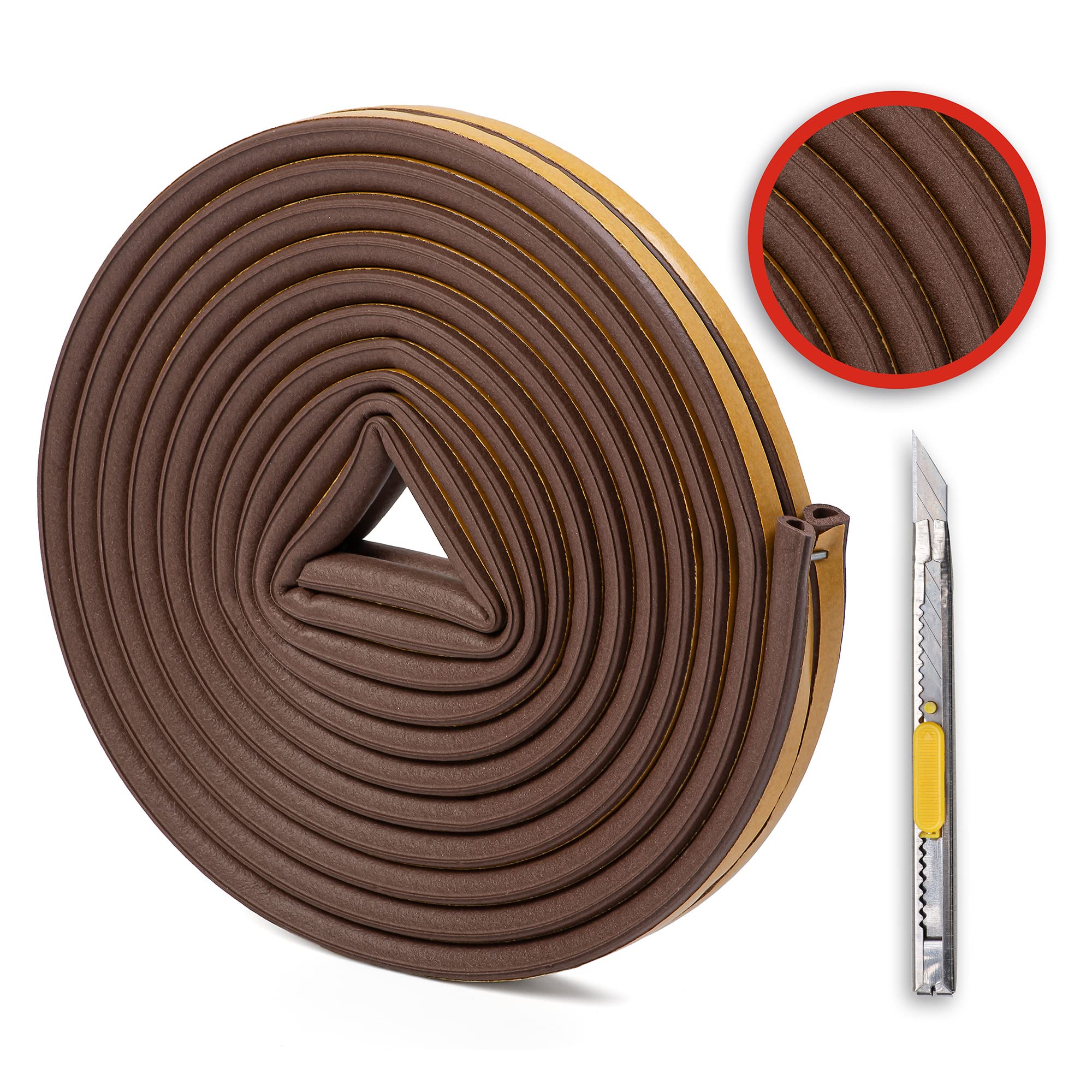 Burlete Universal para Puerta y Ventana/Tira de Sellado Perfil D-Marrón/Cinta Autoadhesiva para Puertas/Goma de Silicona para Ventana Corredera/Aislante Térmico y Acústico para Ventanas/Cúter incluido