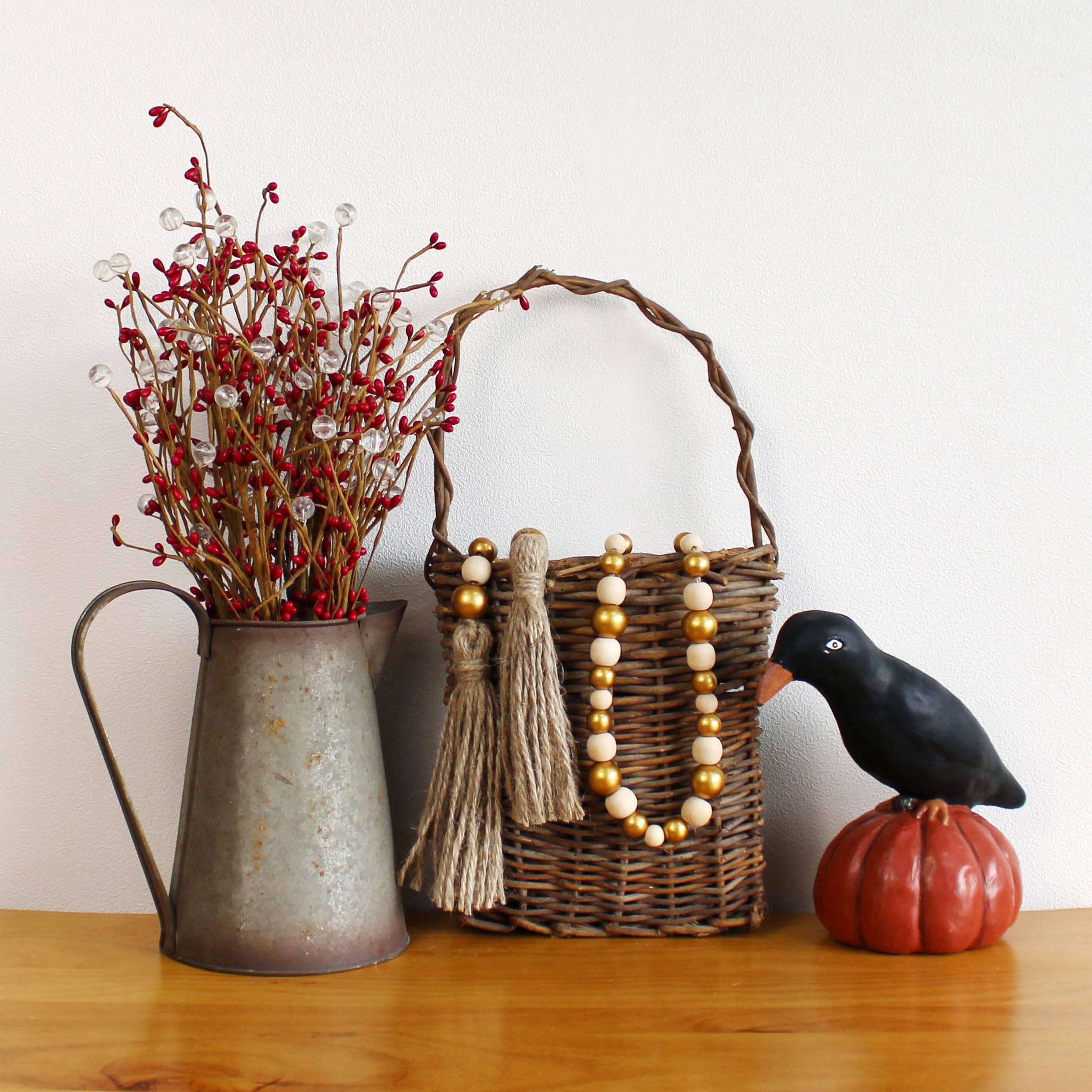 CVHOMEDECO. Wood Beads Garland with Tassels Farmhouse Rustic Wooden Prayer Bead String Wall Hanging Accent for Home Festival Decor. Gold Mix - Image 4