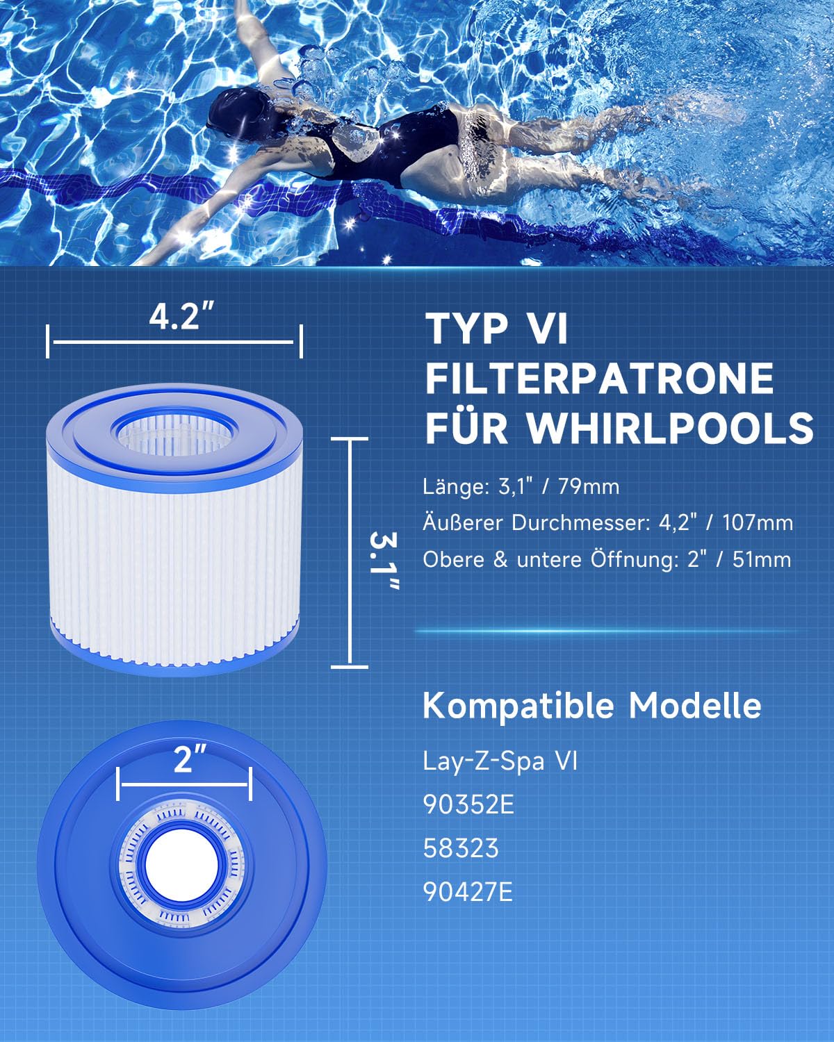 AQUALTRA Type VI Cartouches filtrantes pour Spa Gonflable compatibles avec Les spas Lay-Z, 90352E, 58323E, 58323, 58324 et 90427E, 107 x 79 MM, Lot de 6