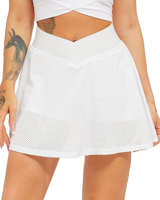 TZLDN Women's Pleated Tennis Skirt with Shorts Pockets High Waist Athletic Mini School Skirt Workout Sport Golf Skorts Skort #6Mesh - White, L