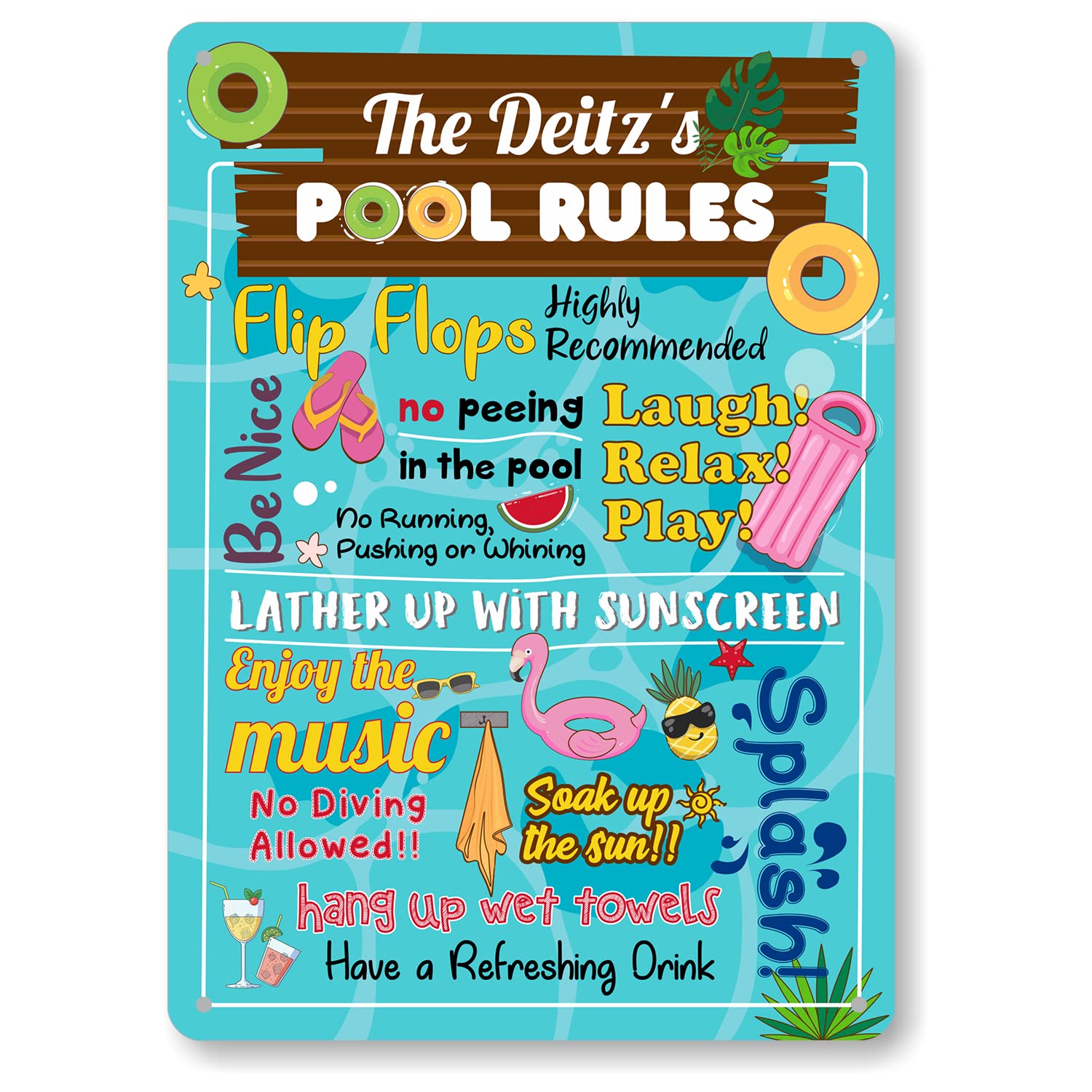 SmartSign 14 x 10 inch Personalized Pool Rules - Custom Metal Sign (Add Fun Text Or Family Name), Screen Printed, 40 mil Rustproof Aluminum with Clear