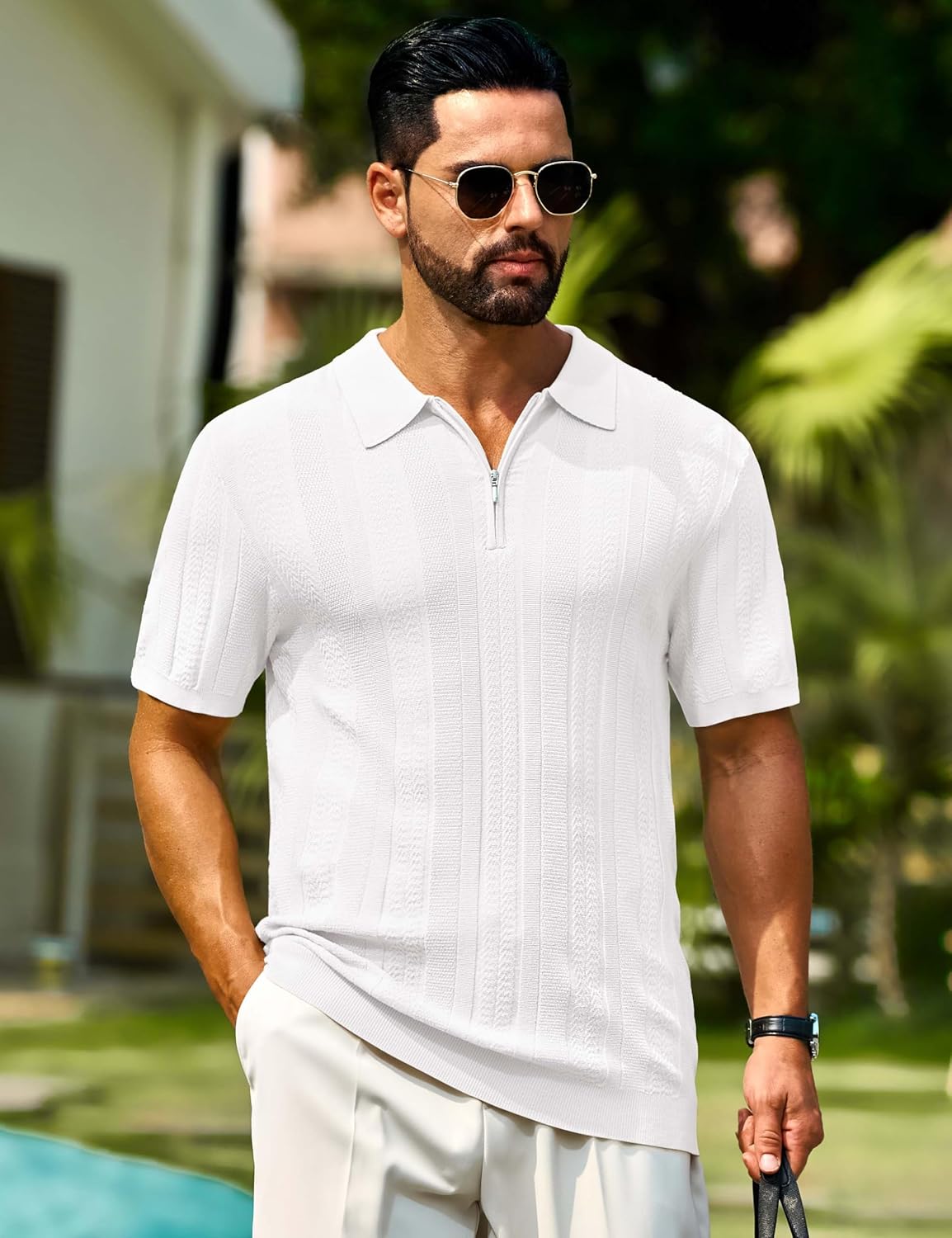 Cotrasen Mens Zipper Polo Shirts Short Sleeve Textured Knit Polo Shirts Regular Fit Casual Stretchy Golf Shirts - Image 2