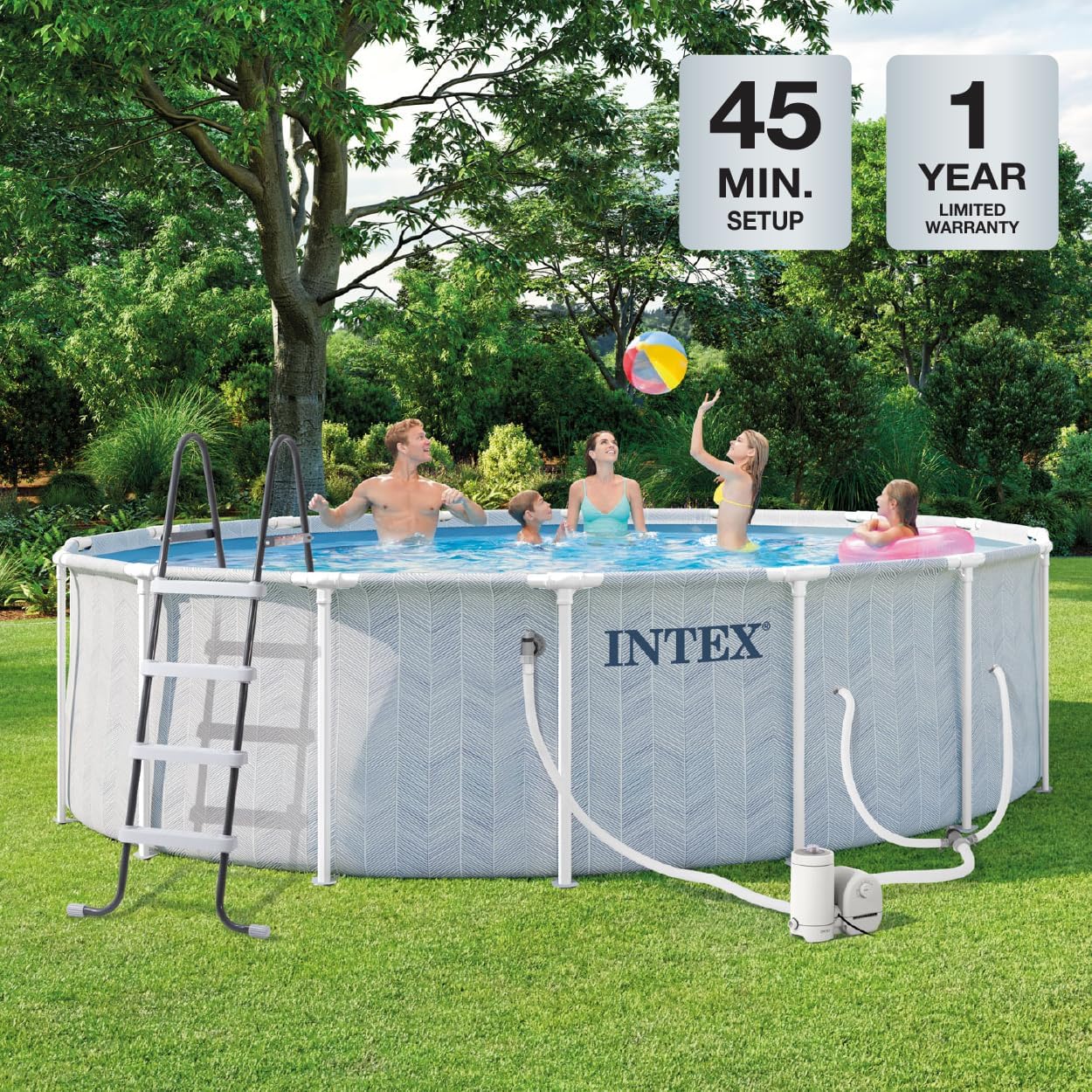 INTEX 26745EP 16ft X 48in Chevron Prism Frame Premium Above Ground Swimming Pool Set with 1500 GPH Filter Pump, Removable Ladder, Ground Cloth, Pool Cover