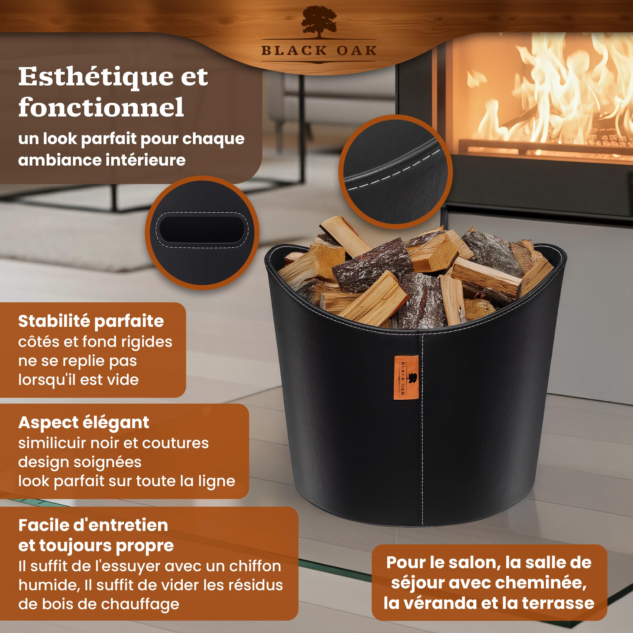 BLACK OAK DAKOTA L 40L Panier pour bois de cheminée en cuir synthétique noir - Capacité de charge 30kg - 40 litres 40x38x32cm - Panier pour bois de cheminée en bois Sac pour bois de chauffage Panier