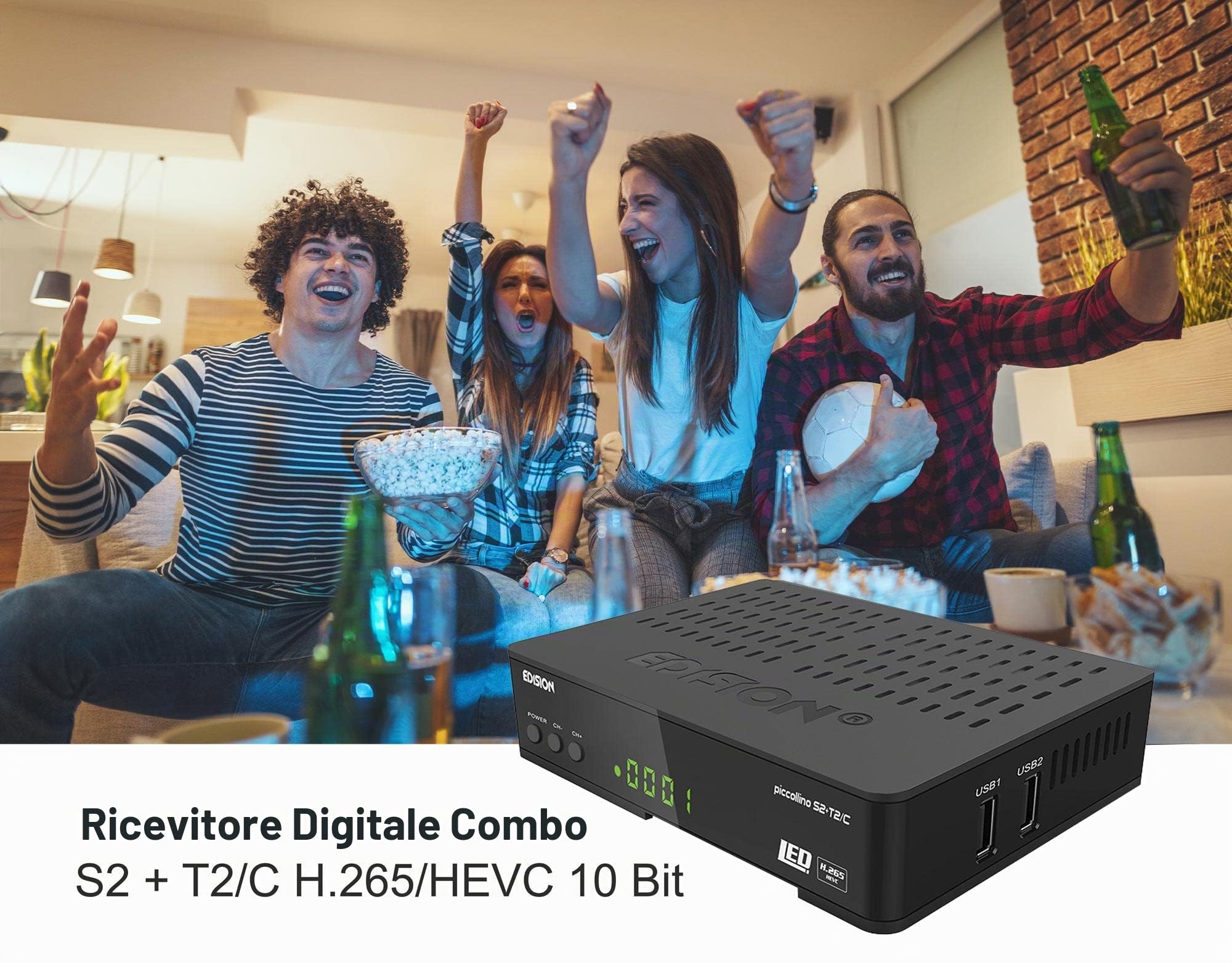 EDISION PICCOLLINO S2+T2/C Ricevitore Digitale satellitare e terrestre Full HD DVB-S2 DVB-T2 DVB-C H265 HEVC, 2xUSB, HDMI, AV, LAN, IR, Supporto USB WiFi, Telecomando Universale 2in1
