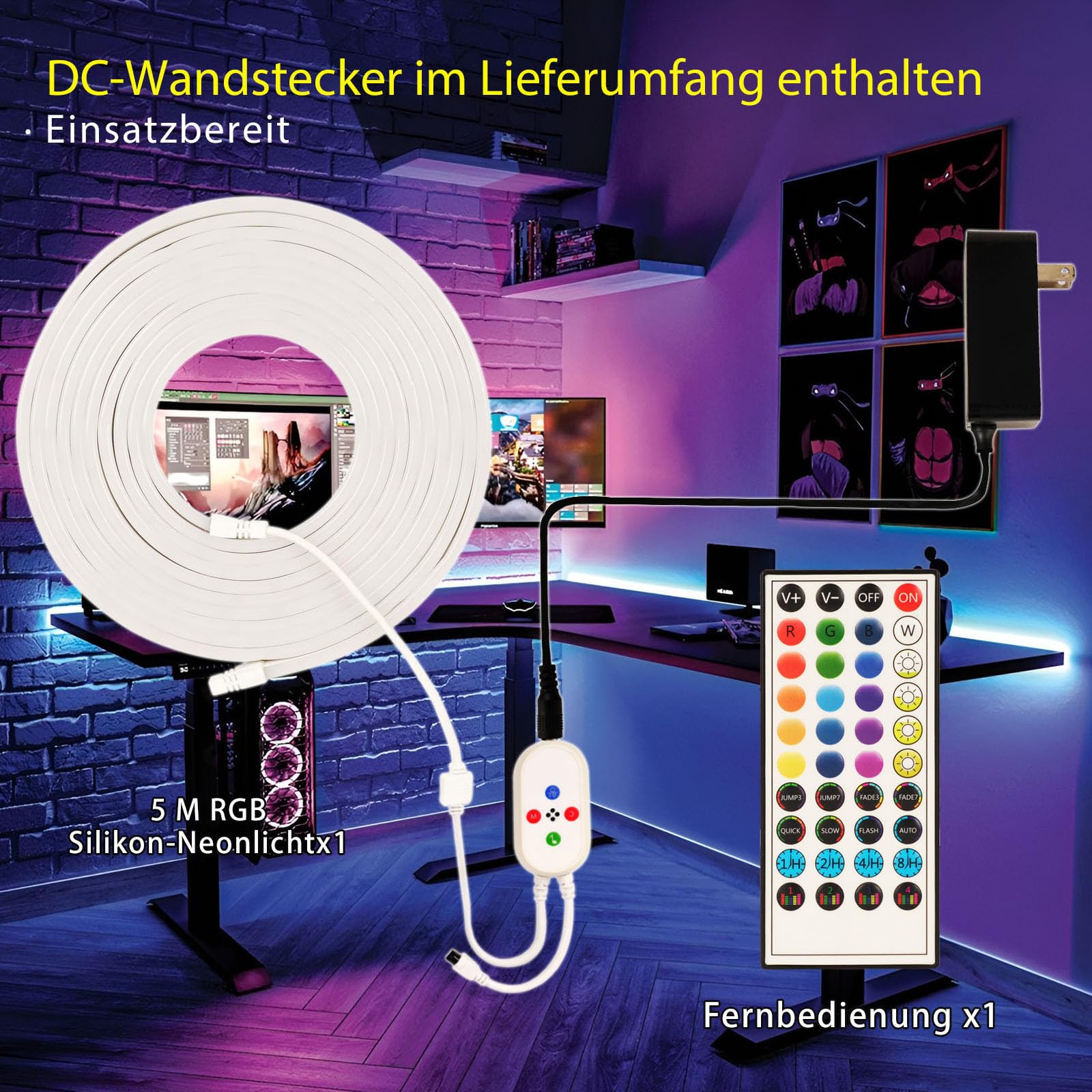 Neon LED Strip RGB Streifen 16 Farbwechselnde Schlauch IP65 Wasserdichte Flexible mit Fernbedienung APP-Steuerung für Wohnzimmer Schlafzimmer Wand Deko inklusive Netzteil (12 V,5M)