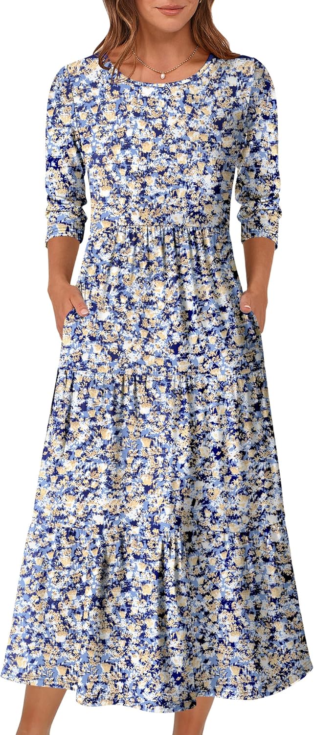 Prinbara Womens 3/4 Sleeve Casual Maxi Floral Dresses 2026 Spring Crewneck A-line Tiered Flowy Summer Boho T Shirt Long Dress