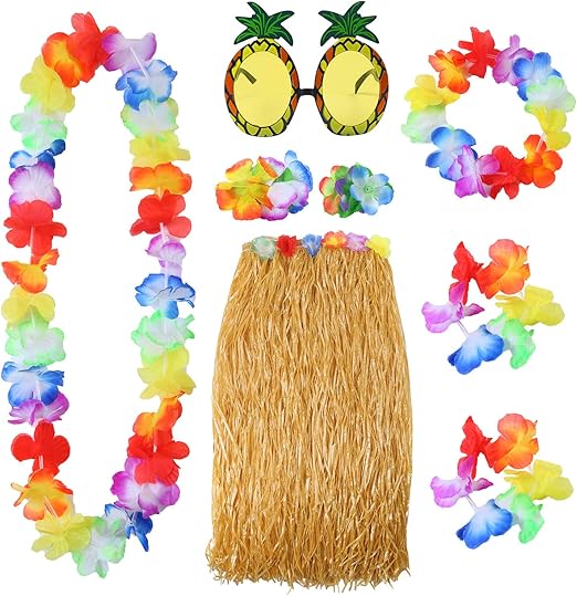 Elcoho 8 Pieces Grass Skirt Sunglasses Leis Necklace Bracelet Set Luau Decorations for Kids and Adults