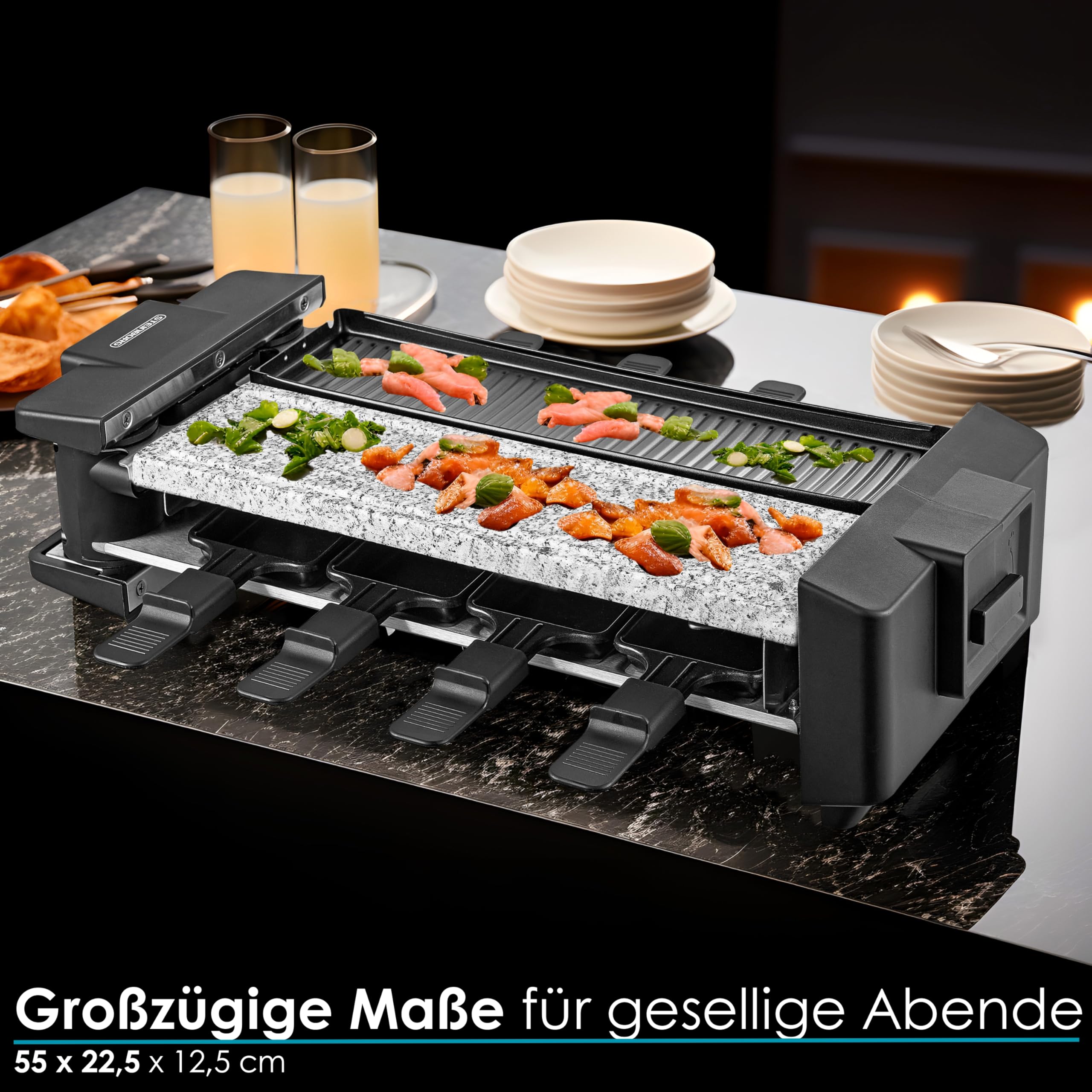 Steinborg Raclette Grill 2 in 1 8 Personen Raclette Grill Partygrill Elektrogrill Tischgrill Naturstein beschichtet Heizelement Edelstahl 180° drehbar