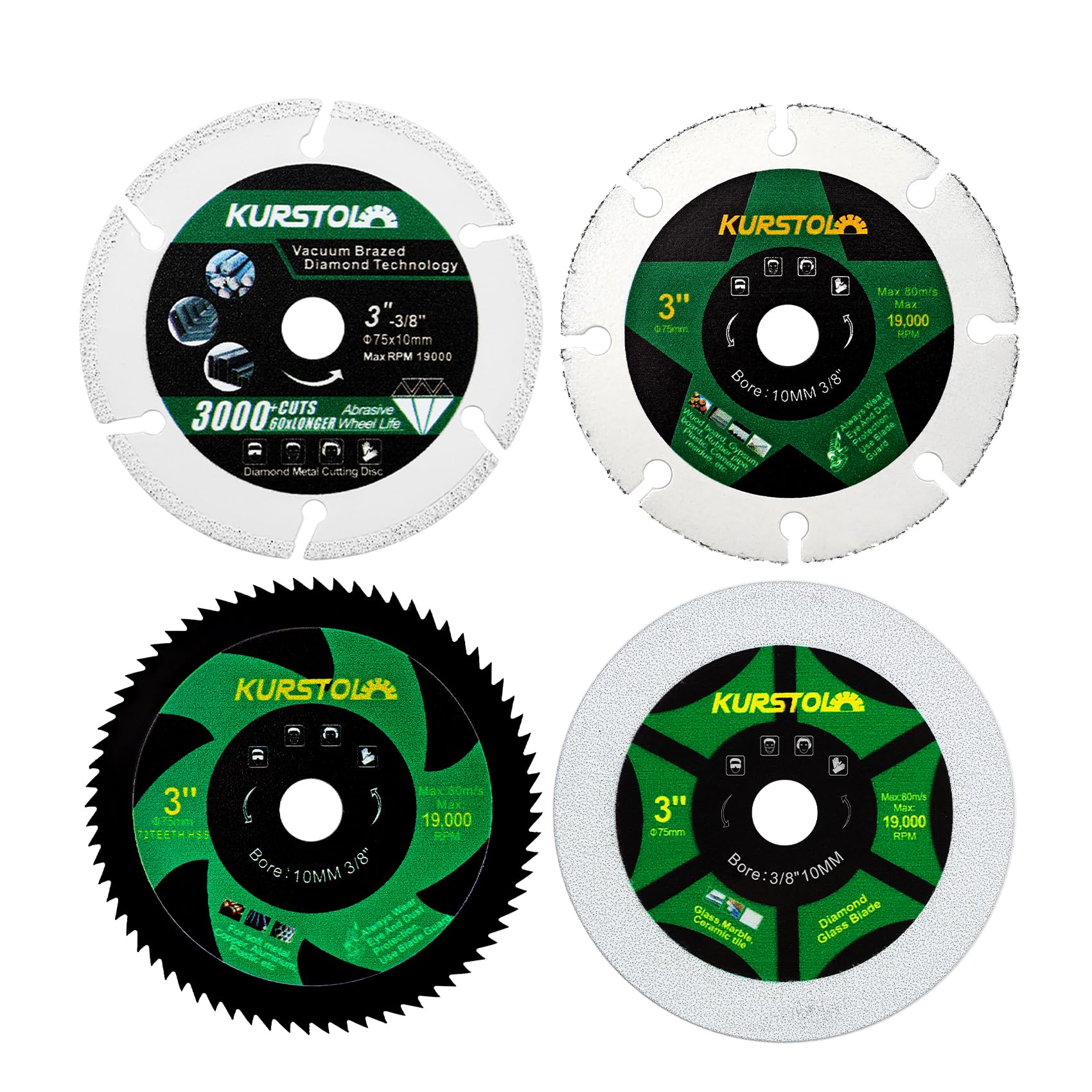 KURSTOL Diamond Saw Blade Set - 4pcs 75mm Cutting Disc for Metal Wood Glass Steel with 10mm Bore for Mini Angle Grinder