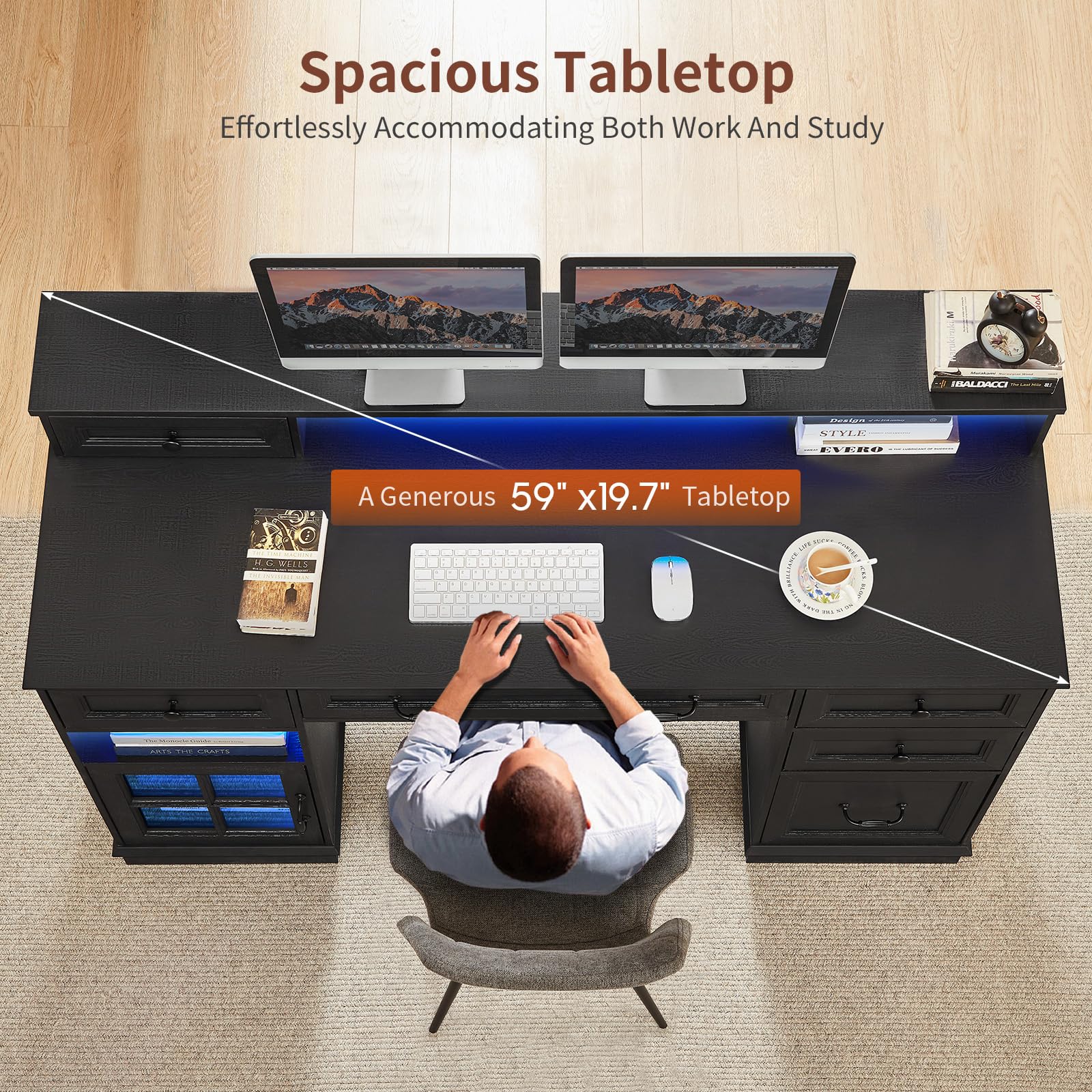 HAUOMS Farmhouse Executive Desk with Drawers Computer Desk with File Drawers, Power Outlet and Led Lights, Executive Office Desk with Storage Cabinet and Monitor Shelf for Home Office, Black