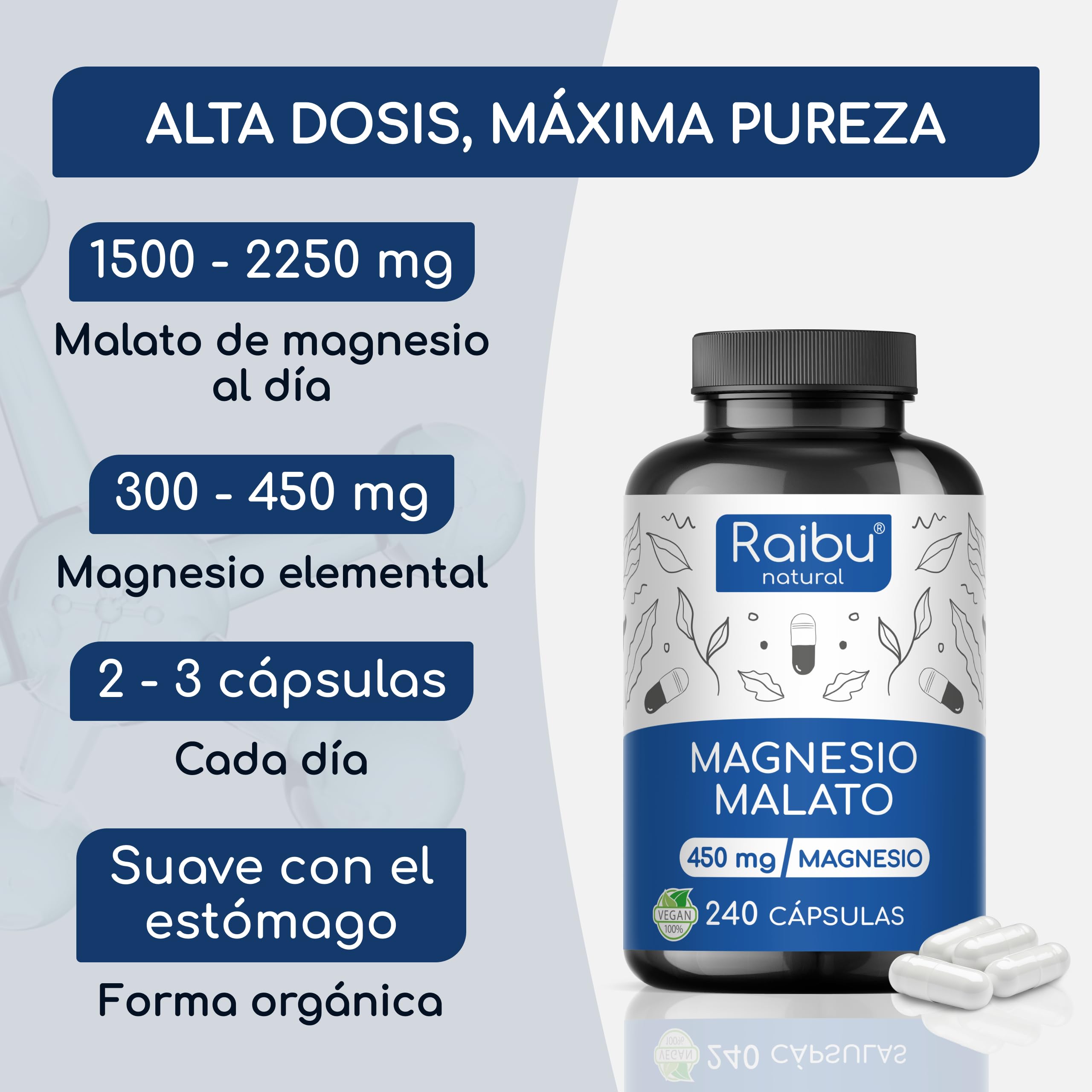 Magnesio Malato 2250 mg al Día (450 mg de Magnesio Elemental) - 240 Cápsulas - Energía, Músculos y Sistema Nervioso - Alta Dosificación y Biodisponibilidad - Sin Aditivos, Sin Gluten
