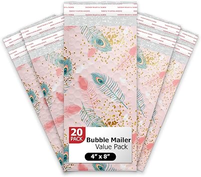 4x8 (20pcs) Pink Peacock Designer Self Seal Poly Bubble Mailers Shipping Envelopes Padded Bags
