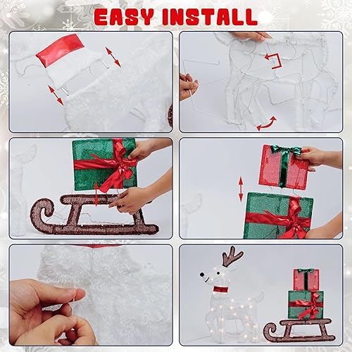 Miniatura 7 de Joliyoou Decoración de Navidad 2D para patio, juego de 3 renos preiluminados con 60 luces LED blancas cálidas para puerta delantera de Navidad,