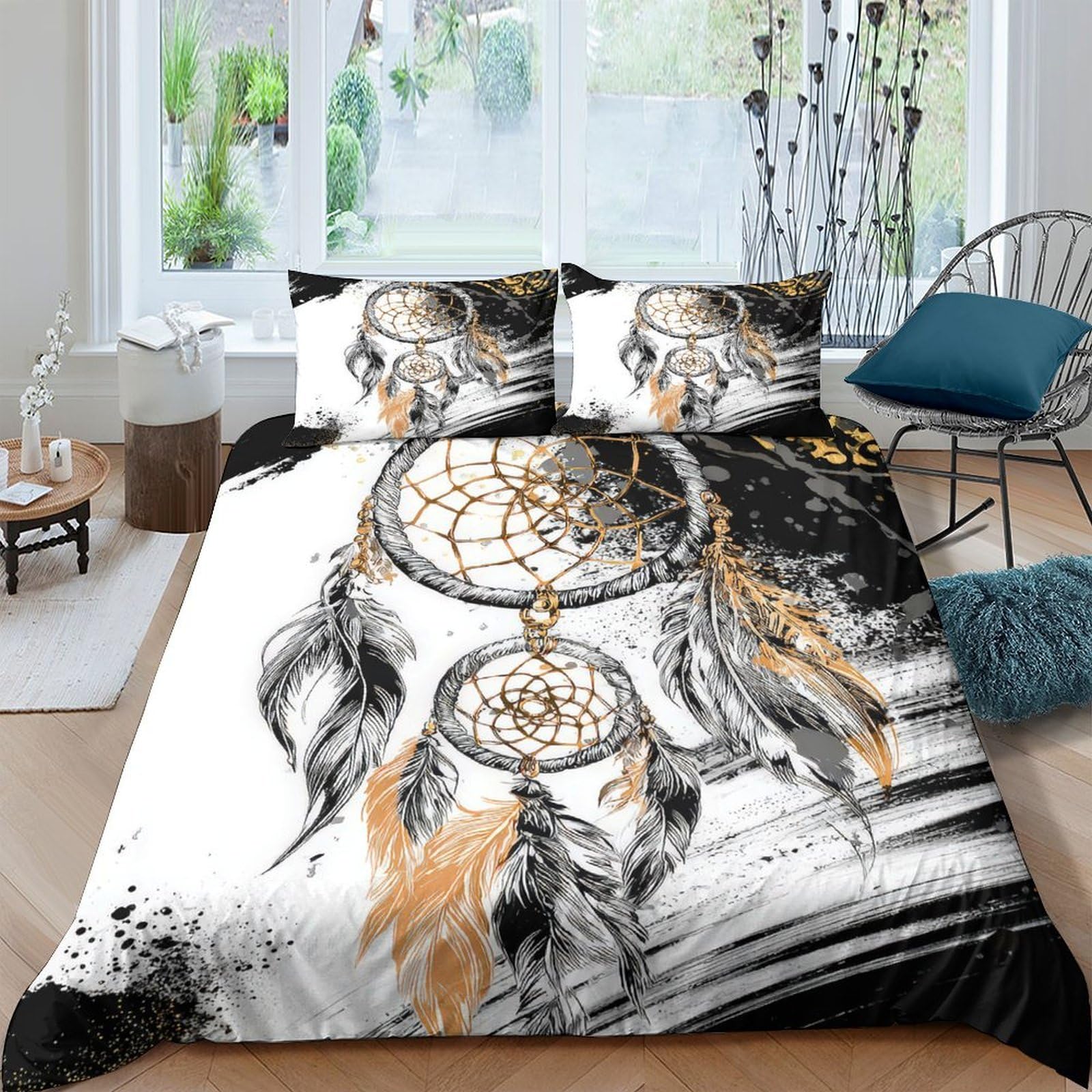 GPLZQXKJNH 3D Printed Dreamcatcher Duvet Cover Microfiber Soft Feather Pattern Bedding Set with 2 Pillowcases for Bedroom Decor Single（135x200cm）