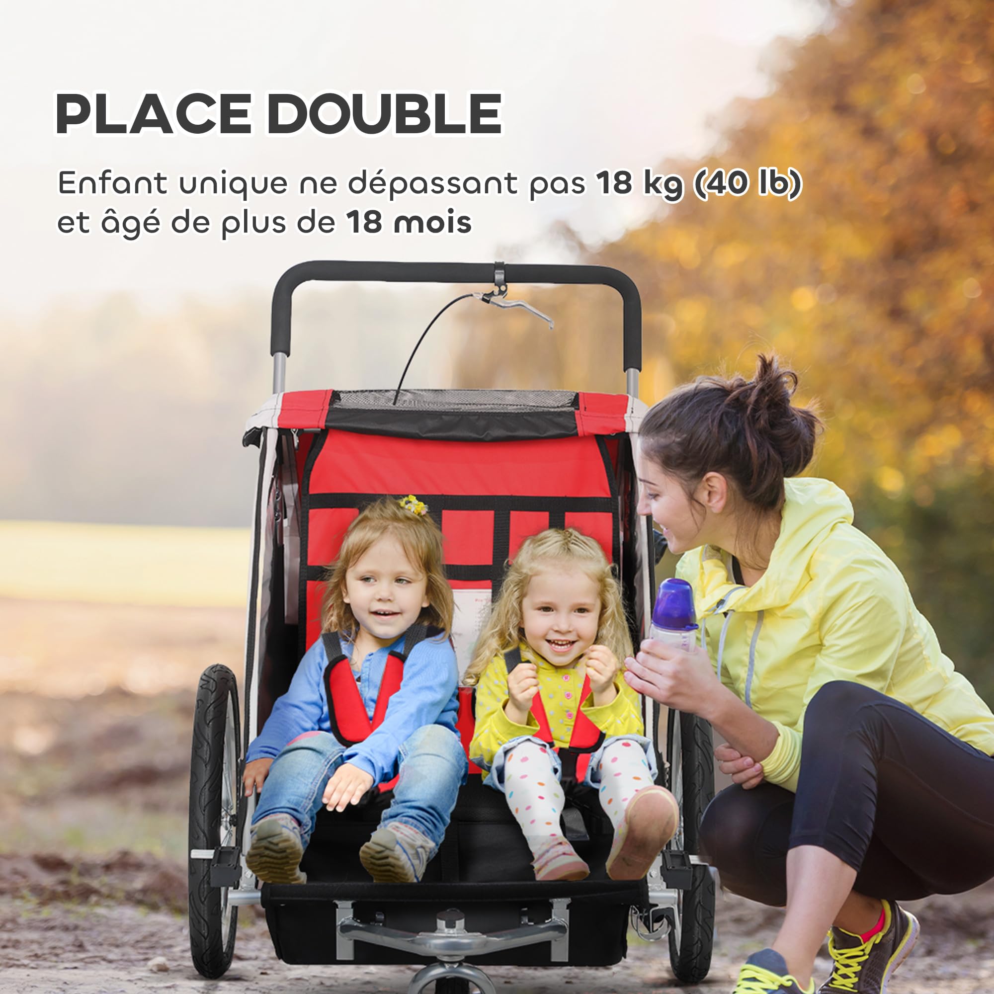 HOMCOM Remorque Velo Enfant 2 en 1 Poussette vélo bébé 2 Places avec Ceinture de sécurité 5 Points, réflecteurs, Drapeau et attelage, Charge 40 Kg, Rouge