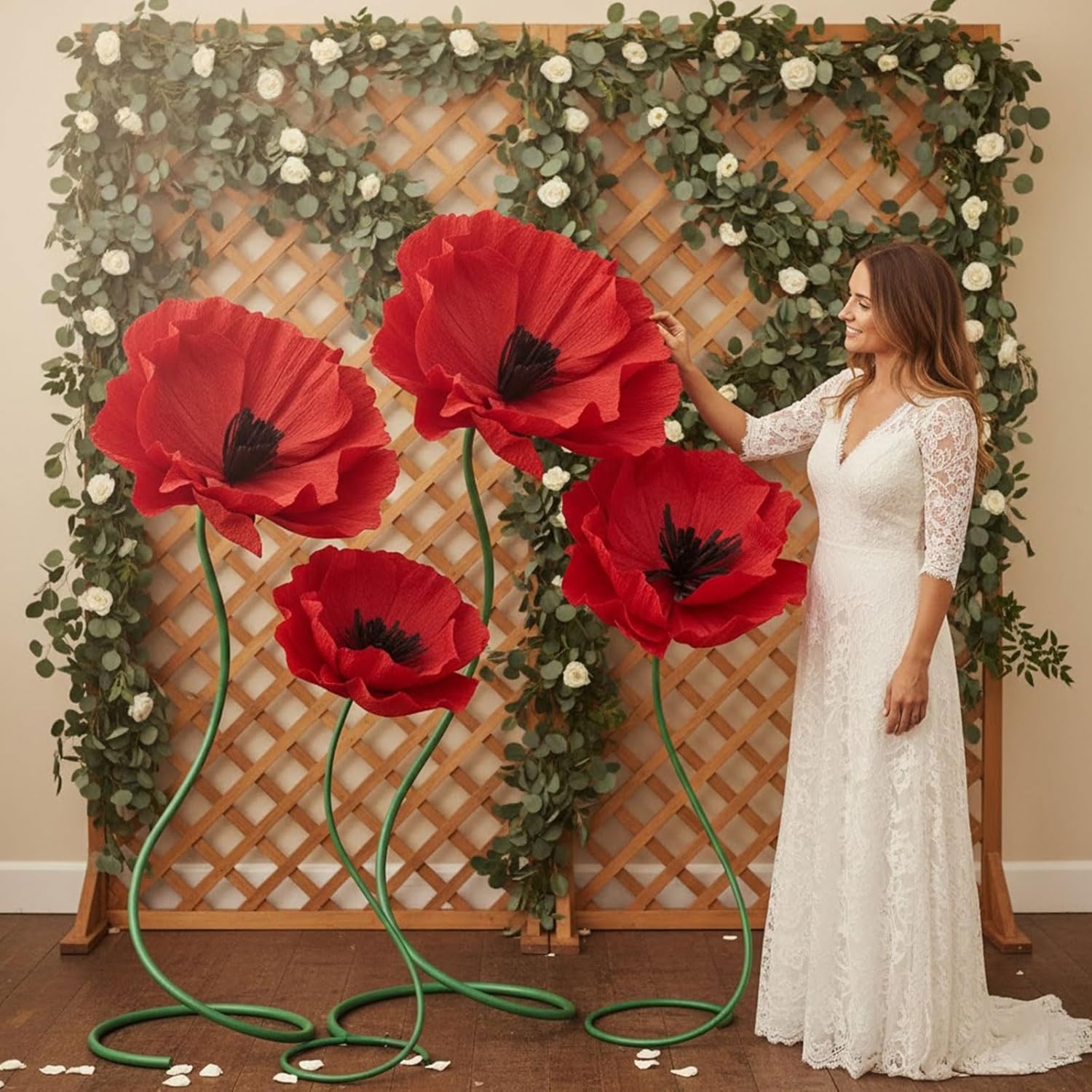 4 Pcs 5ft Large Paper Red Poppy Flowers Giant Artificial Poppies Standing Huge Handcrafted Poppy Flowers Wicked Party Decoration for Valentine Garden Hotel Office Wicked Birthday Party Wedding