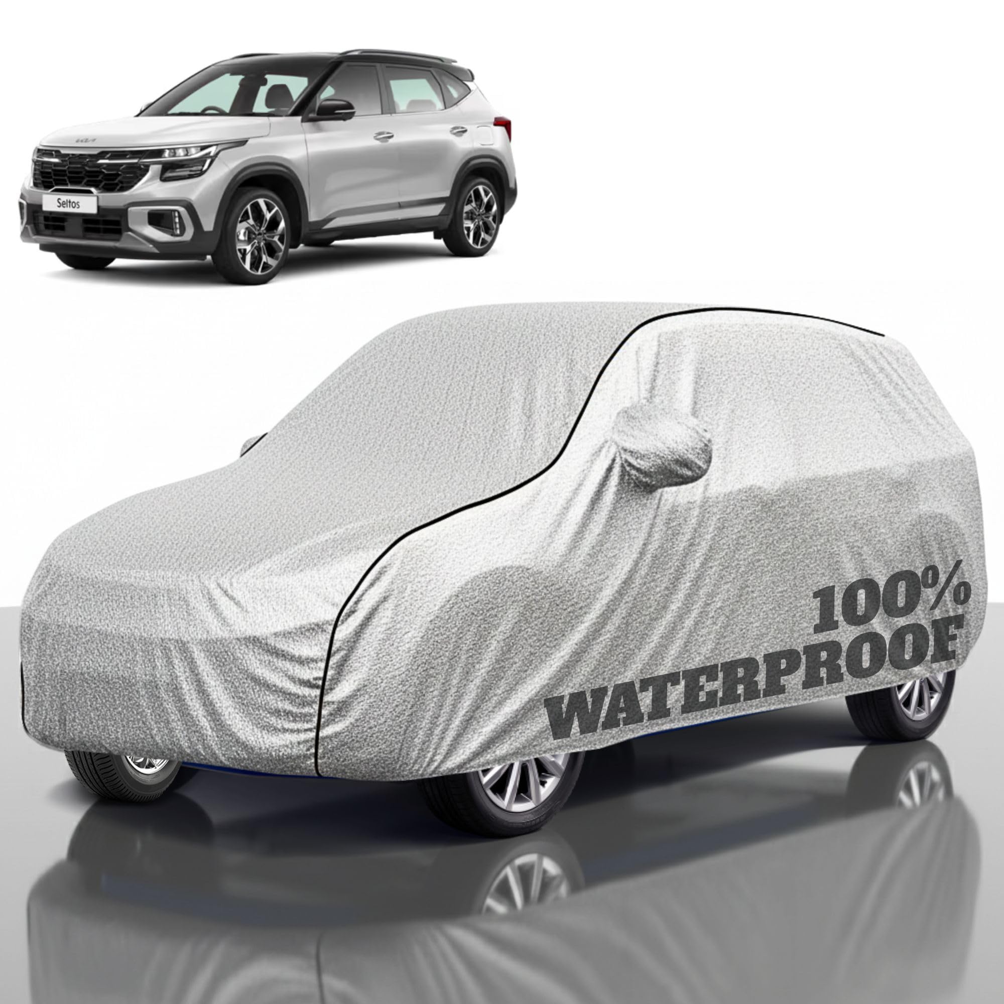 Premium Polyester Car Cover Seltos All-Weather Protection from Rain, Dust &amp; Sun | UV Resistant Fabric | Full Body Secure Fit for Outdoor &amp; Indoor Parking Silver