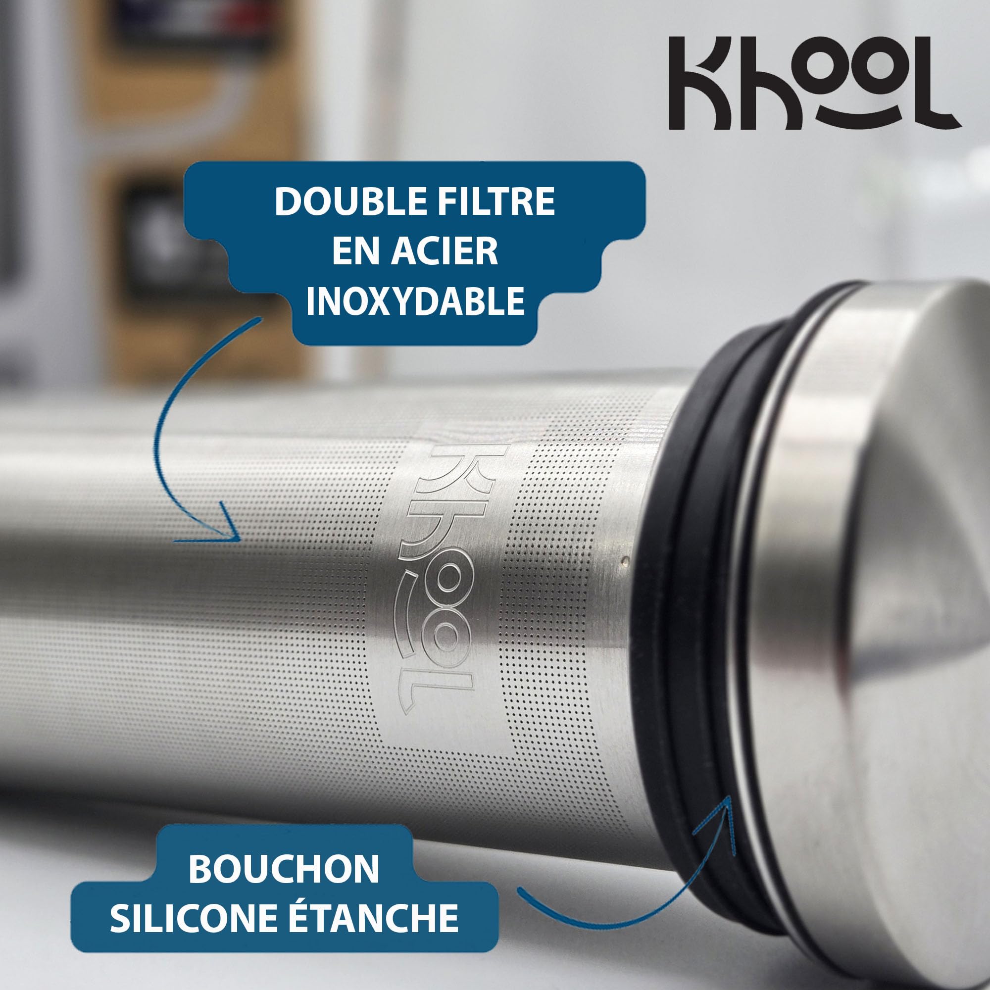 KHOOL - Kit Carafe filtration de l'eau en Verre et Inox + Bâtons Charbon de Bambou et Perles de Céramique - Purifie & améliore le goût de l’eau - Alternative Écologique - Origine France - 1L