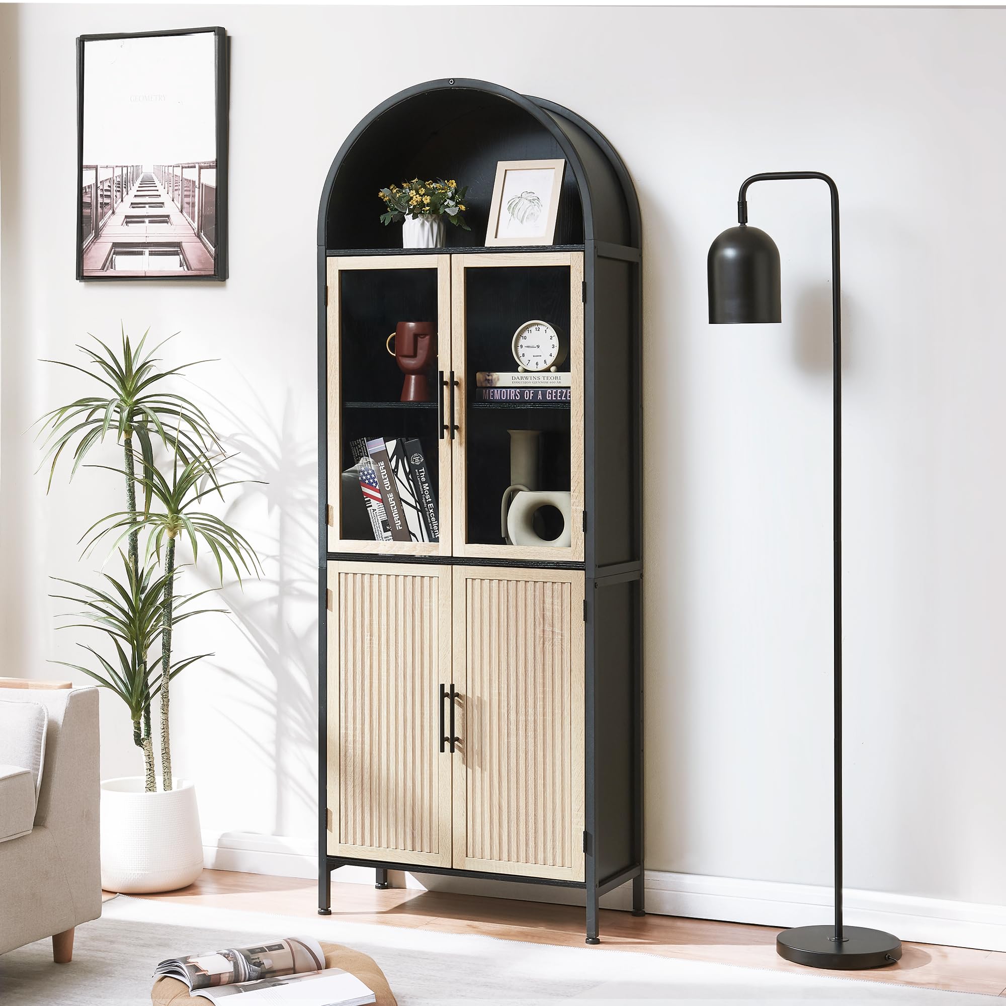 arched storage cabinet with glass doors & shelves, 5-tier farmhouse bookcase bookshelf tall floor curved hutch storage cabinet for living/dining/office - oak&black