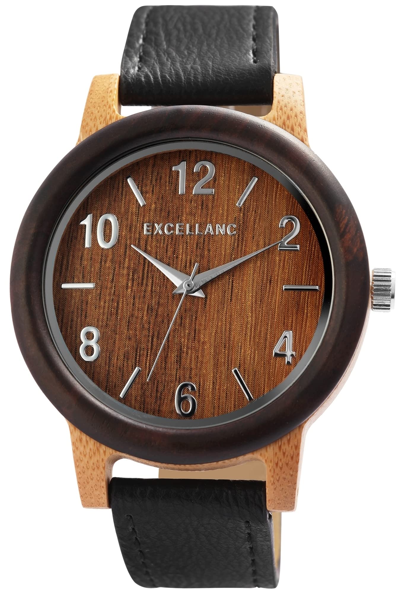 Excellanc 2900232 - Orologio da uomo in ecopelle, con lancette luminose, analogiche al quarzo, nero, bianco e nero