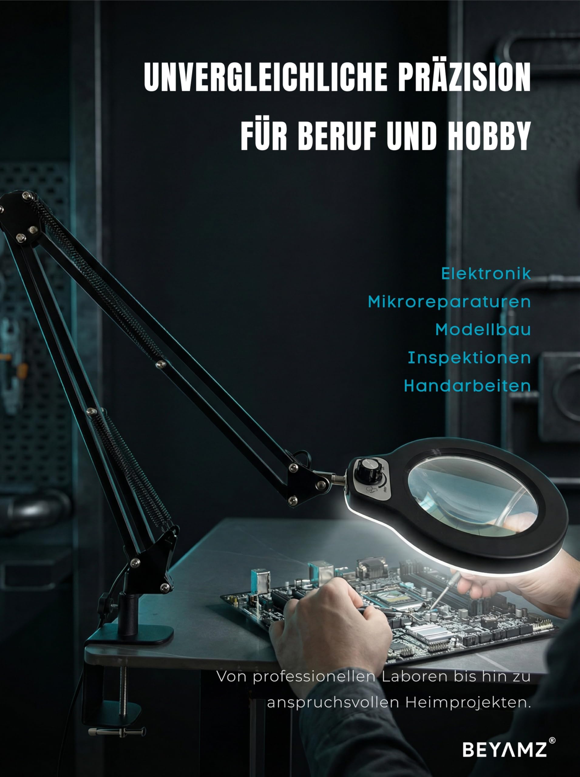 LED-Lupenleuchte Arbeitsplatzlampe Große 125-mm-Lupe | Optische Güteklasse 5 Dioptrien, Extra langer Schwenkarm bis 100 cm, 5 Lichtfarben & Dimmer, 6,4 cm Klemme, 12 V Netzteil