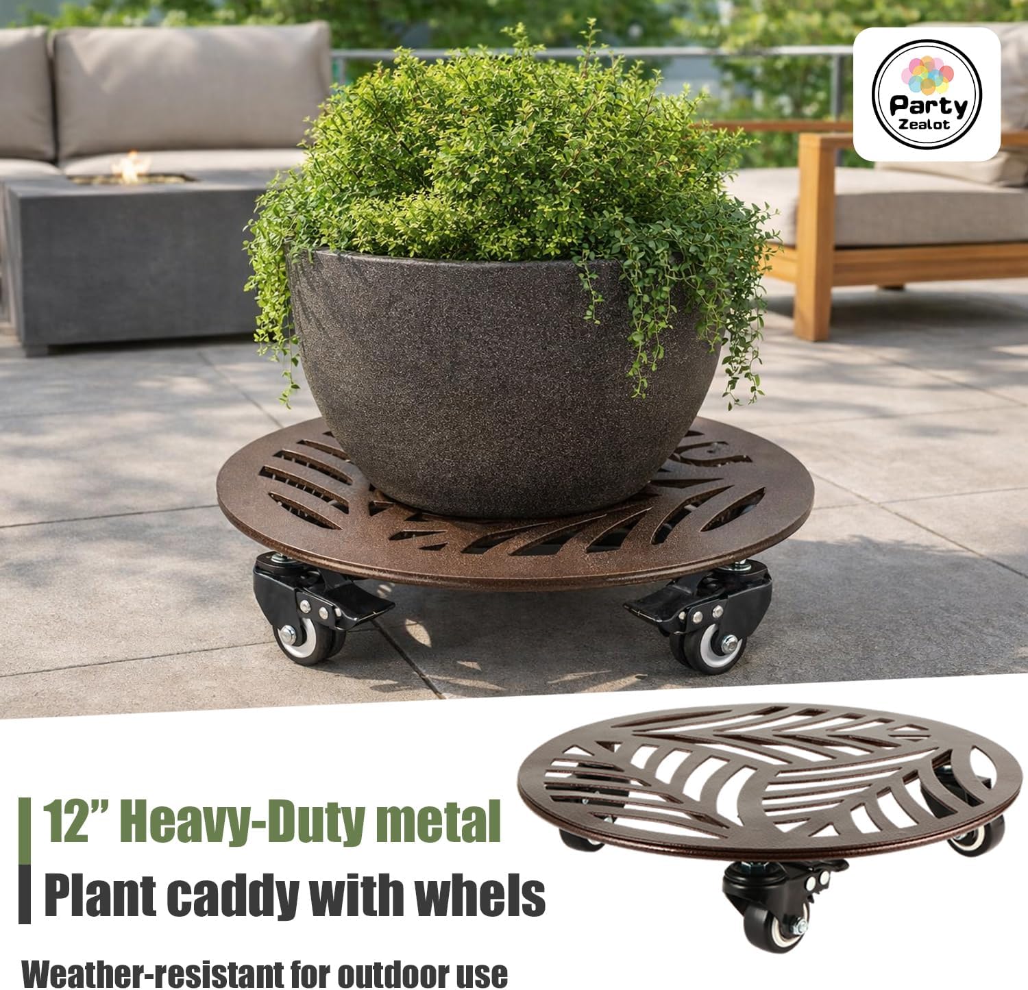 2-Pack Large Metal Plant Caddy with 3 Wheels 12 Inches Heavy-duty Rolling Plant Stands with Casters Wheeled Flower Pot Mover Rollers Rust-proof Iron Planter Dolly Coasters for Indoor Outdoor Use