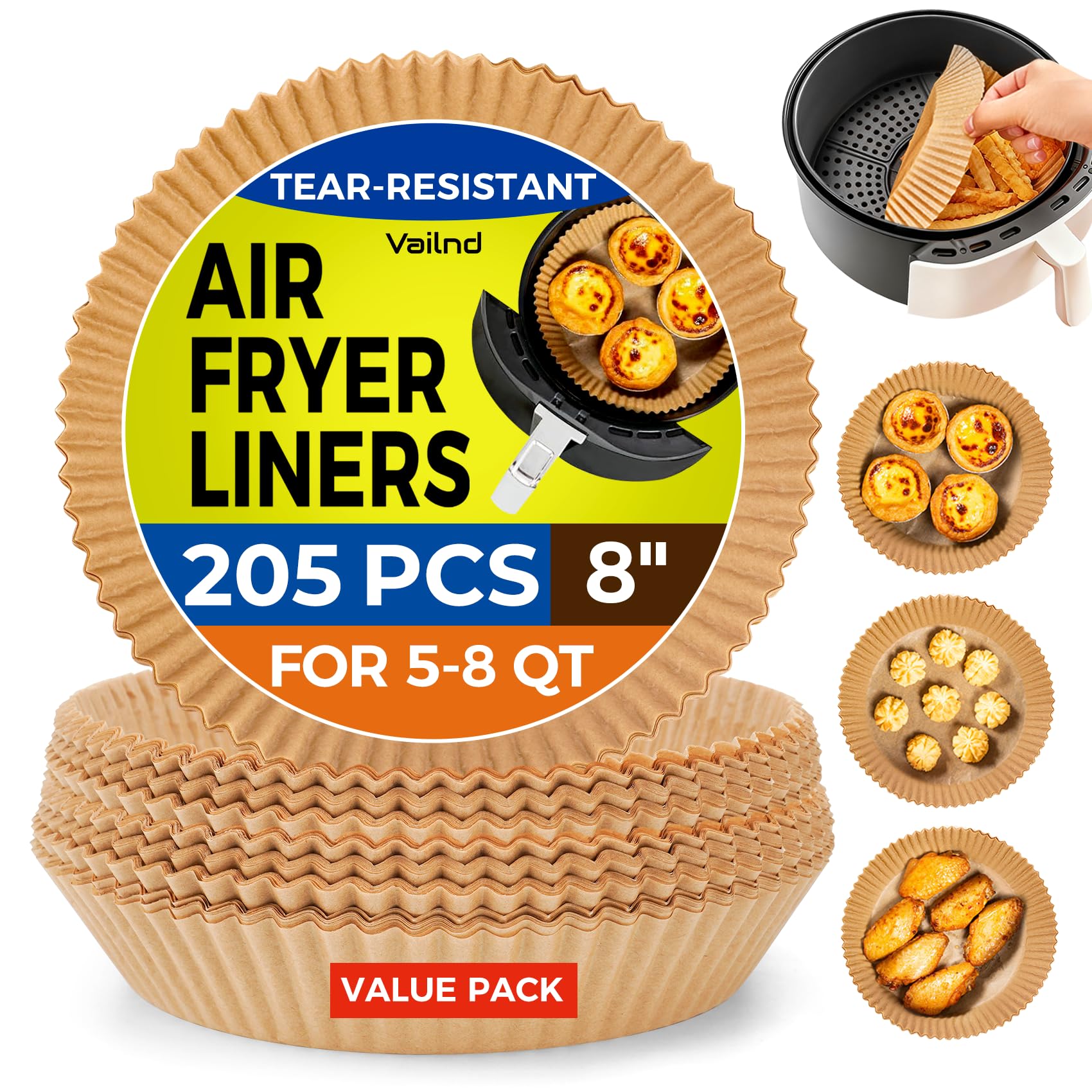 205Pcs Air Fryer Liners Disposable, 8" Round Airfryer Liners for 5-8 QT | Heavy-Duty Air Fryer Paper Liner for Ninja, Oil-Proof & Non-Stick Parchment Paper for Easy Cleanup, Baking, Microwave, Oven