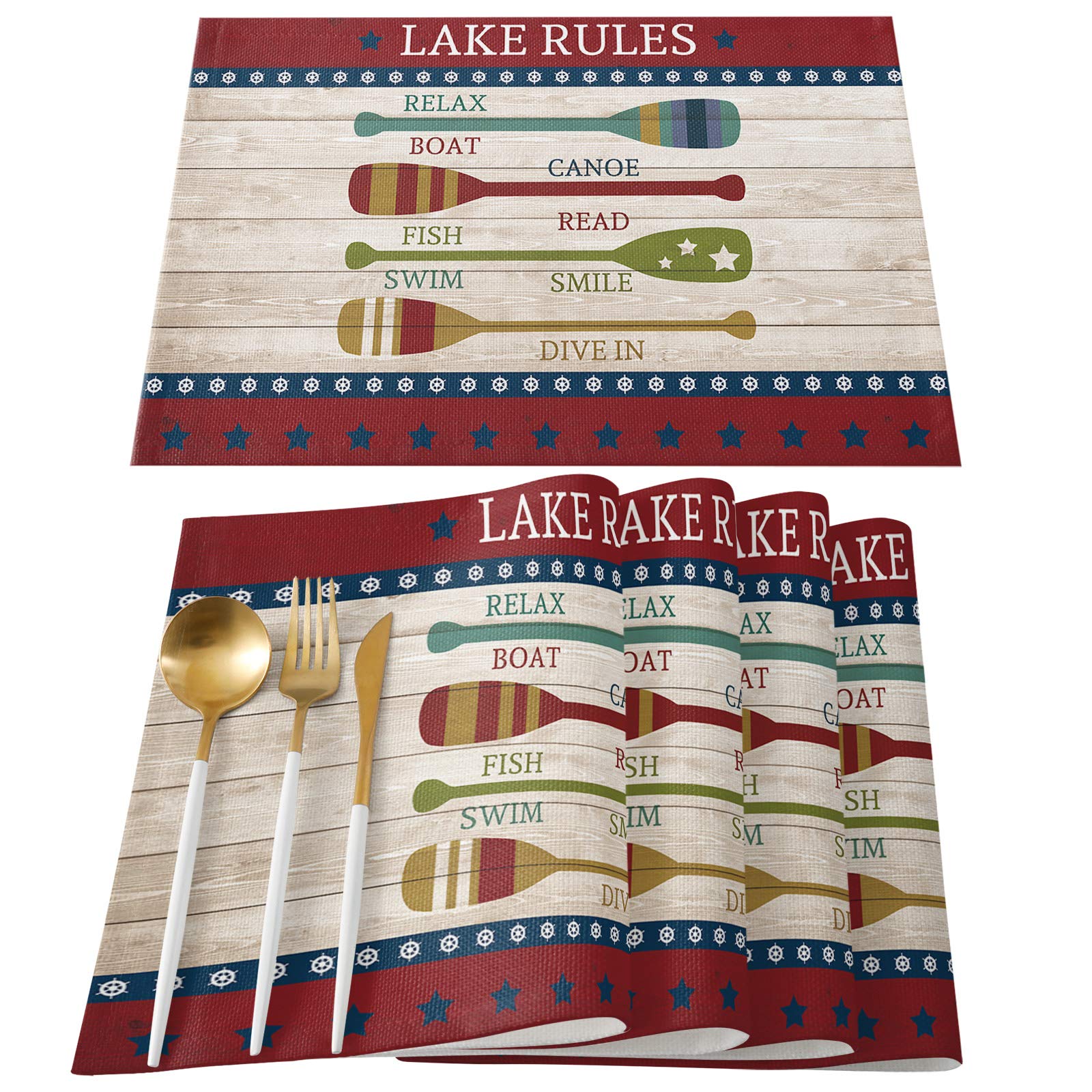 Fahome Placemats for Dining Table Set of 4, Lake Rules Theme Colorful Oar Non-Slip Insulation Table Mats for Kitchen Dinner Table, Cotton Linen Place Mats Tablemats 13"x19" Wooden Grain Texture