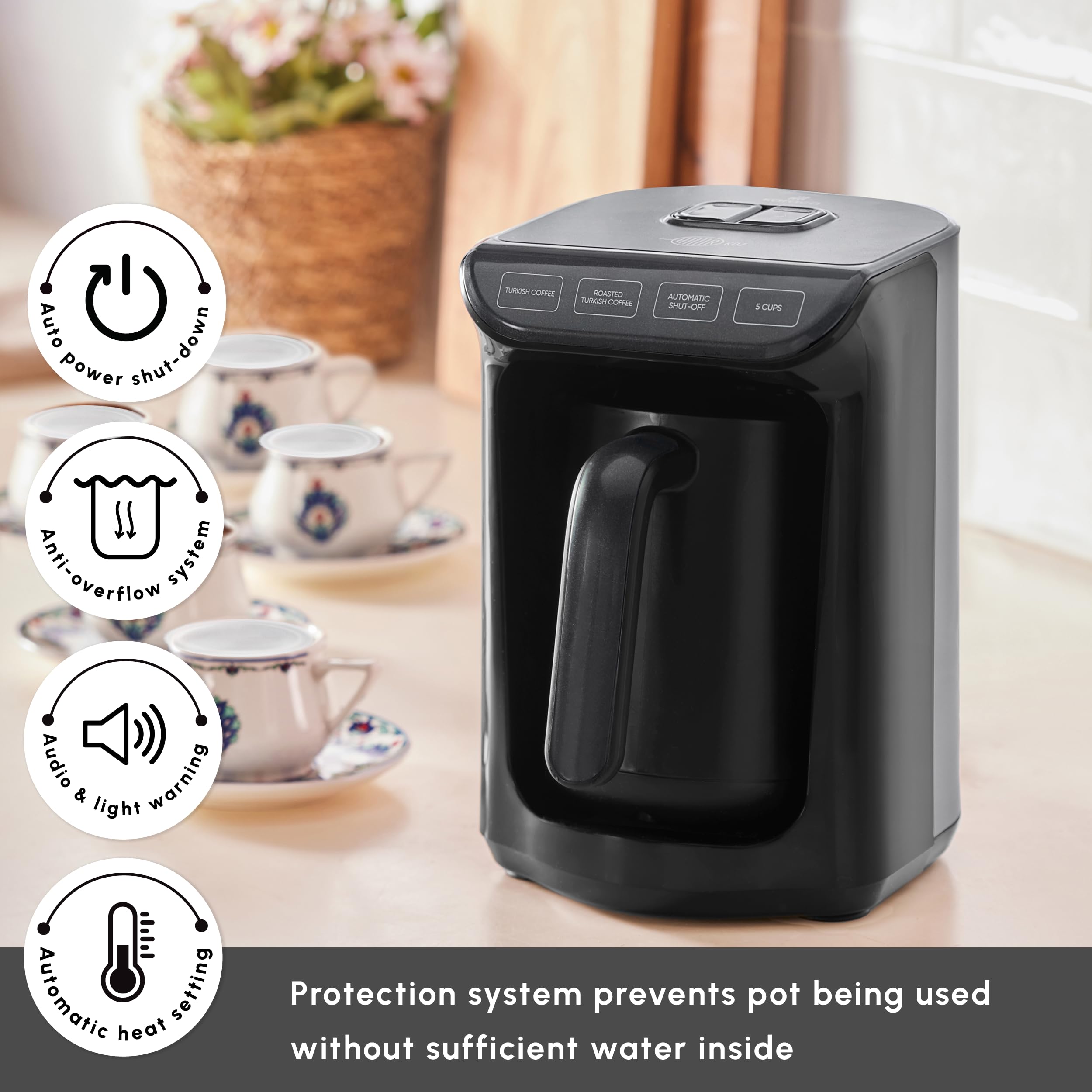 KARACA Hatır Köz Machine à café turque laiteuse, cafetière turque traditionnelle, 5 tasses, infusion de style ember, modes lait et chocolat chaud, anti-débordement, arrêt automatique, noir brillant